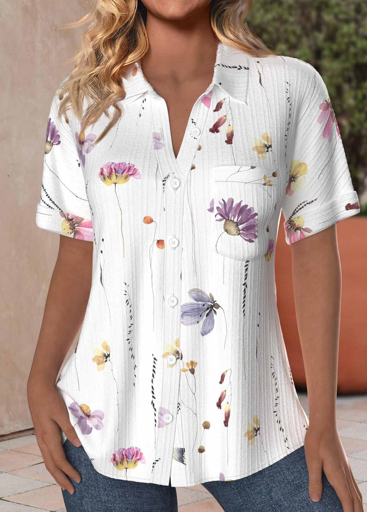 Floral Print Textured Fabric White Short Sleeve Shirt