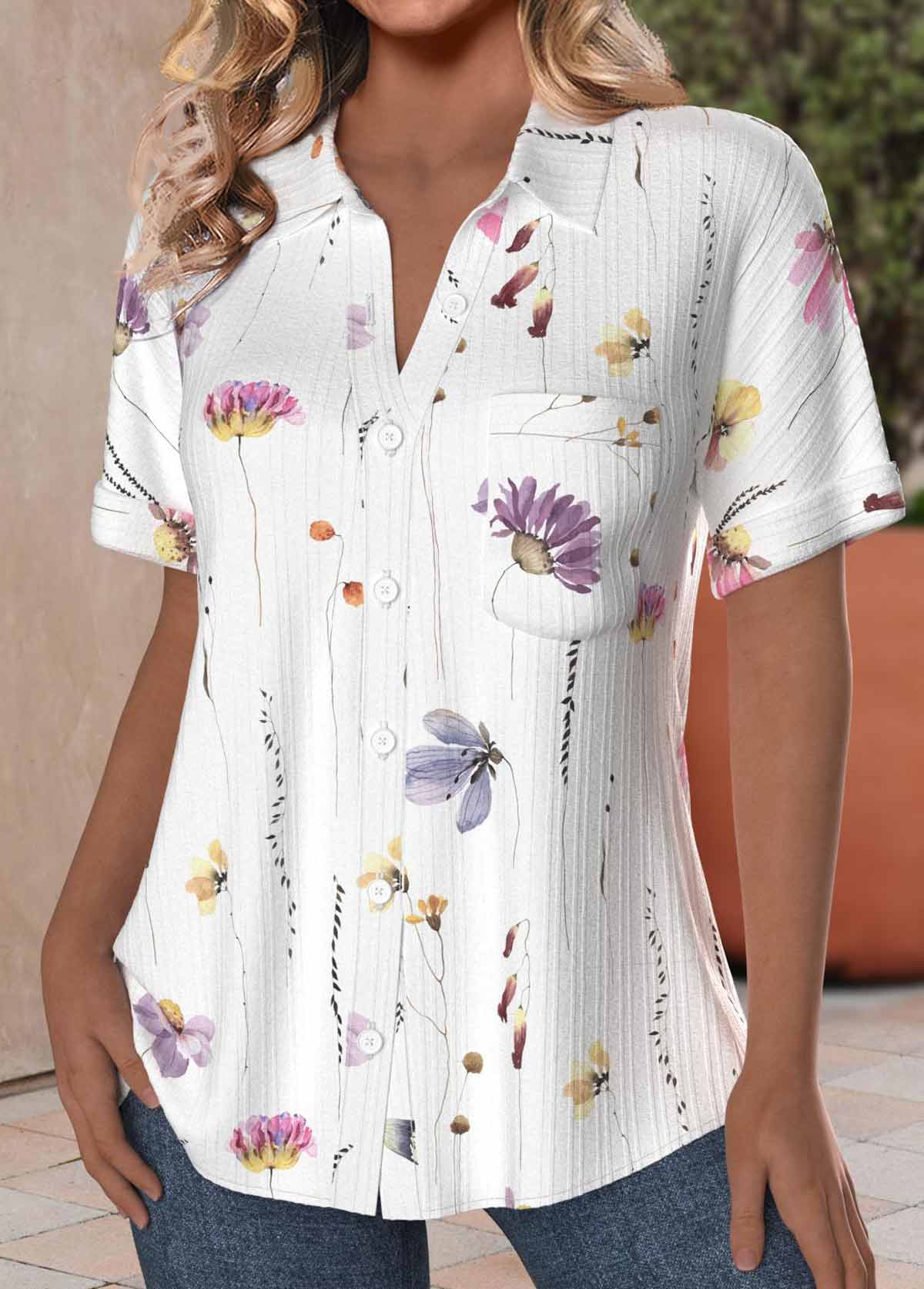Floral Print Textured Fabric White Short Sleeve Shirt