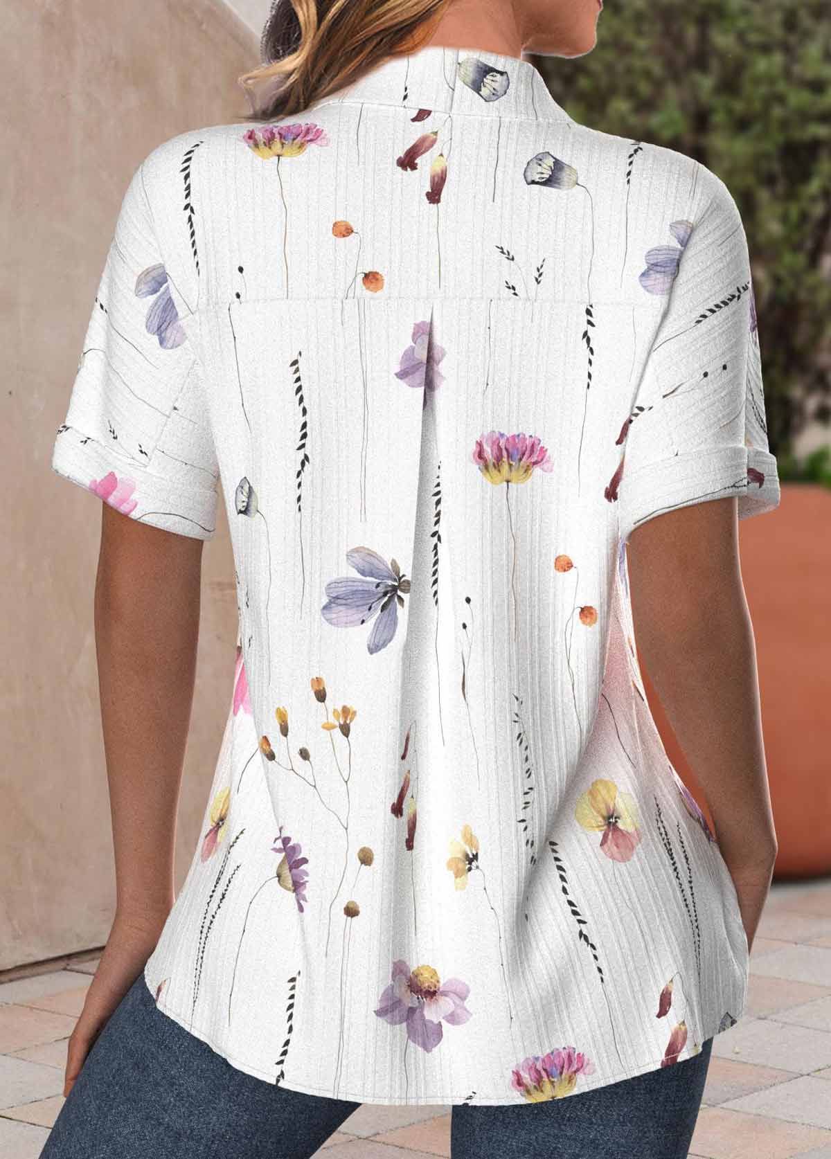 Floral Print Textured Fabric White Short Sleeve Shirt