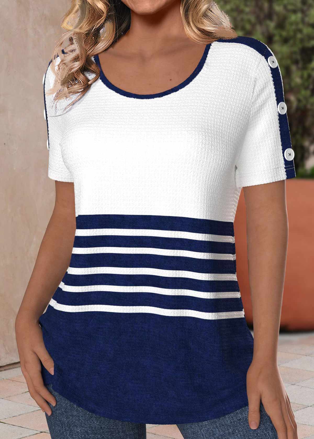 Striped Button Navy Short Sleeve Round Neck T Shirt
