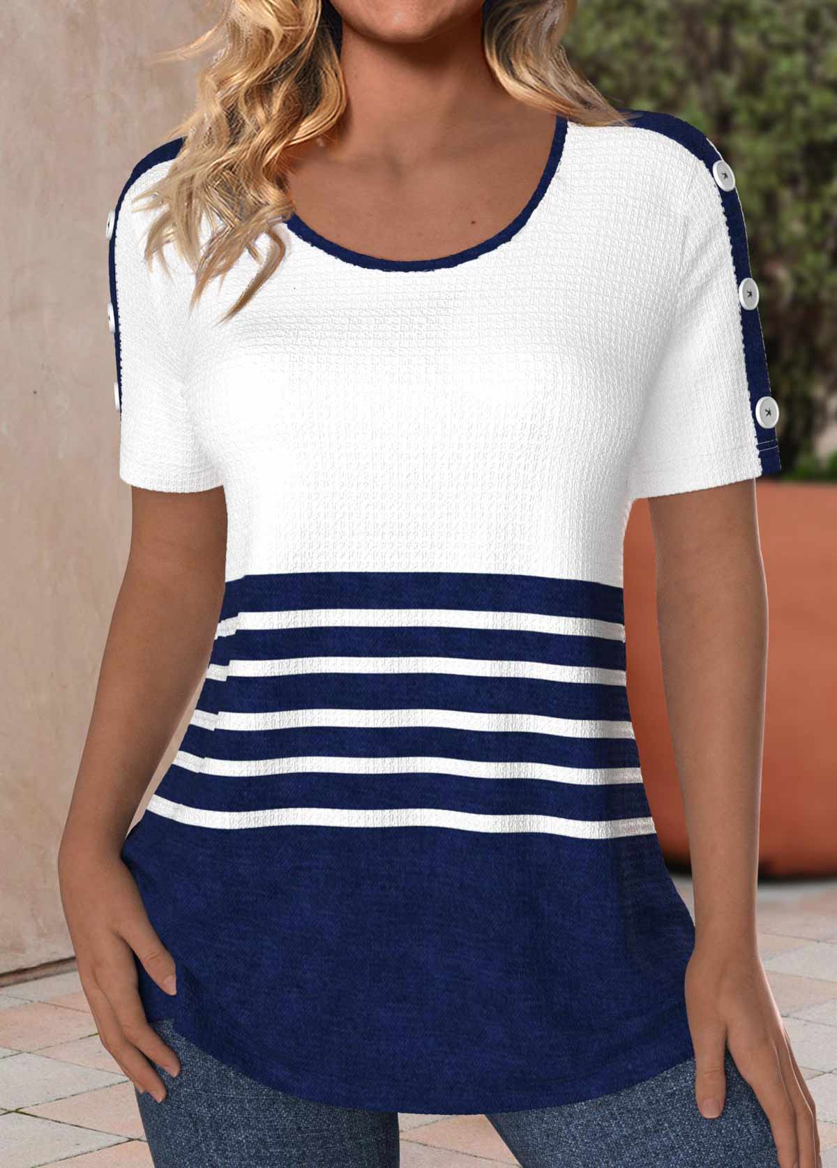 Striped Button Navy Short Sleeve Round Neck T Shirt