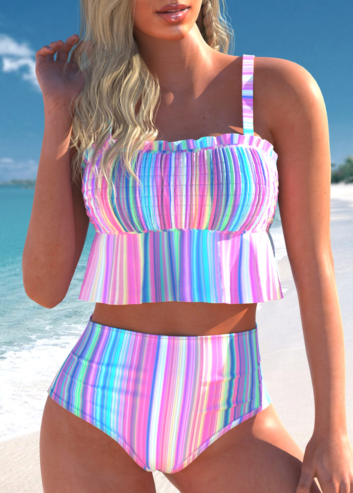 Striped Smocked Multi Color Bikini Set