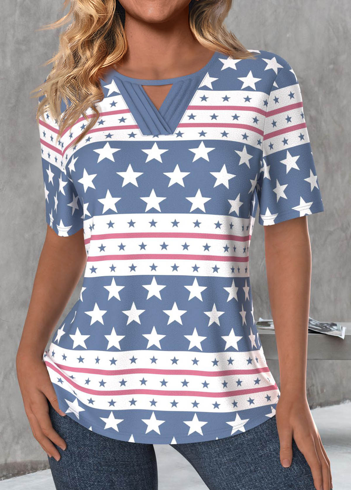 Star Print Cut Out Dusty Blue T Shirt