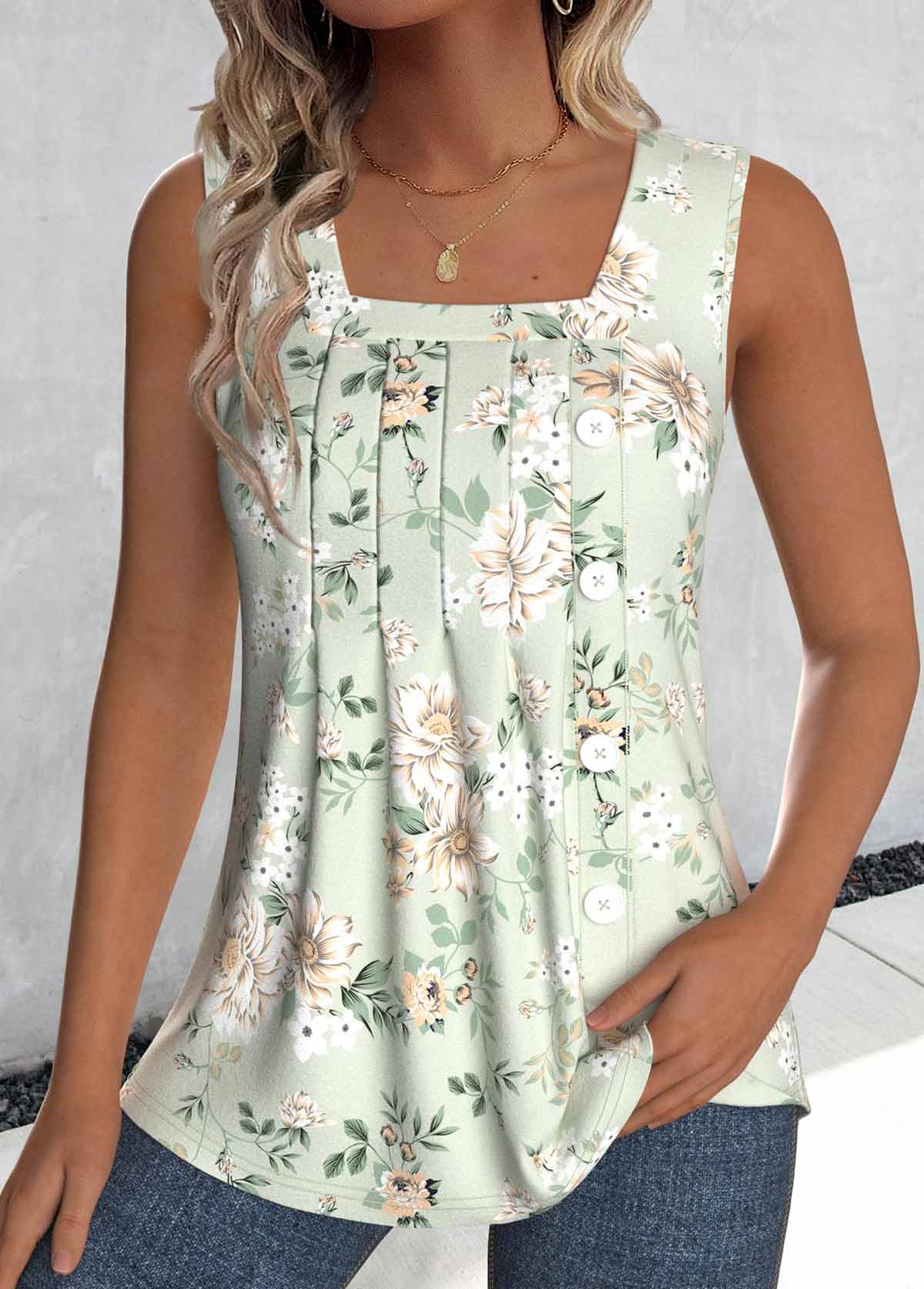 Floral Print Tuck Stitch Sage Green Sleeveless Tank Top