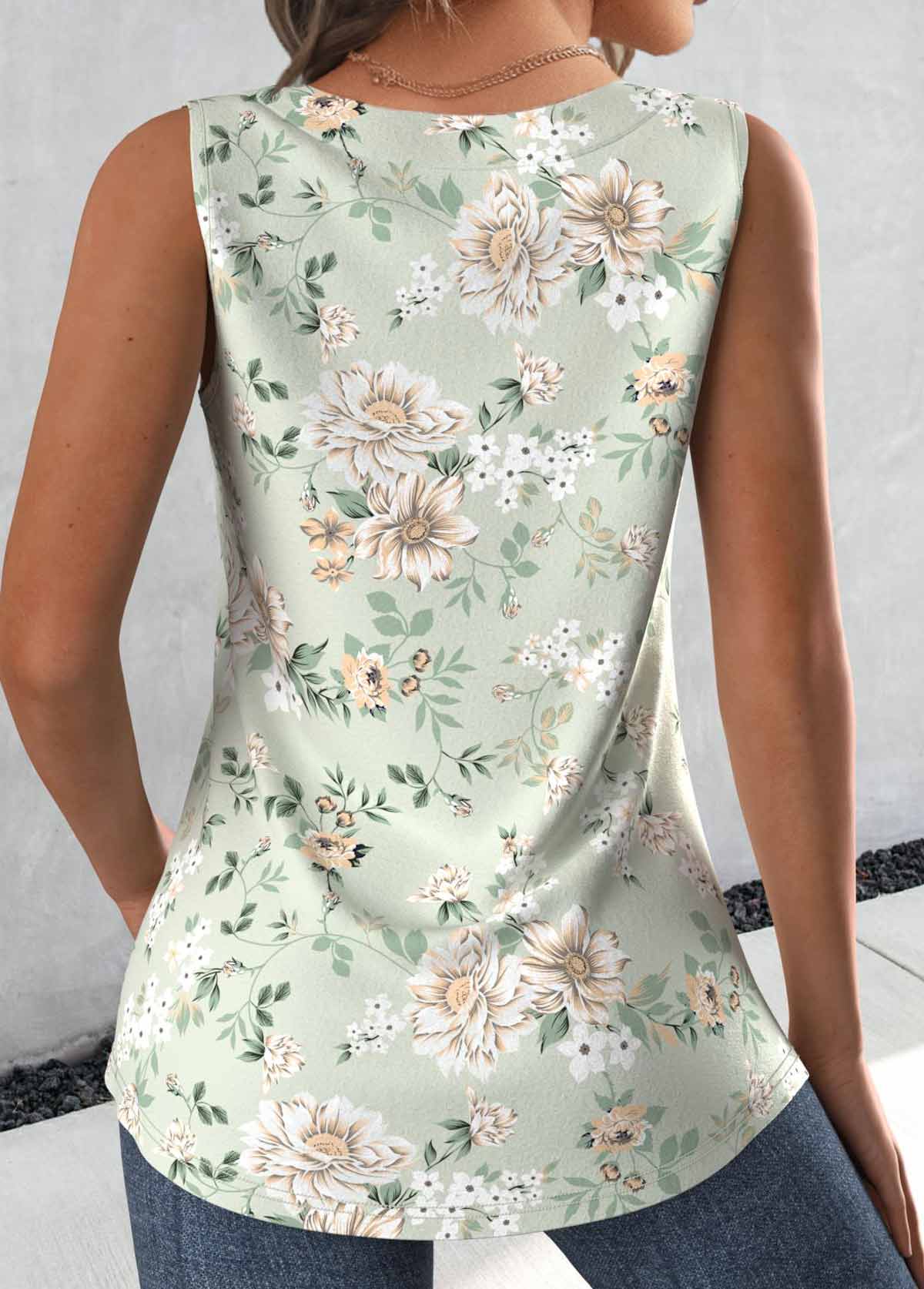 Floral Print Tuck Stitch Sage Green Sleeveless Tank Top