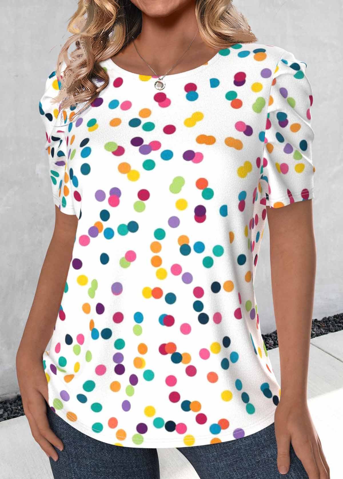 Polka Dot Bowknot White Short Sleeve Round Neck Blouse