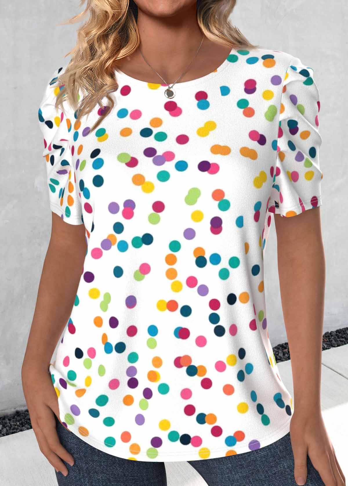 Polka Dot Bowknot White Short Sleeve Round Neck Blouse