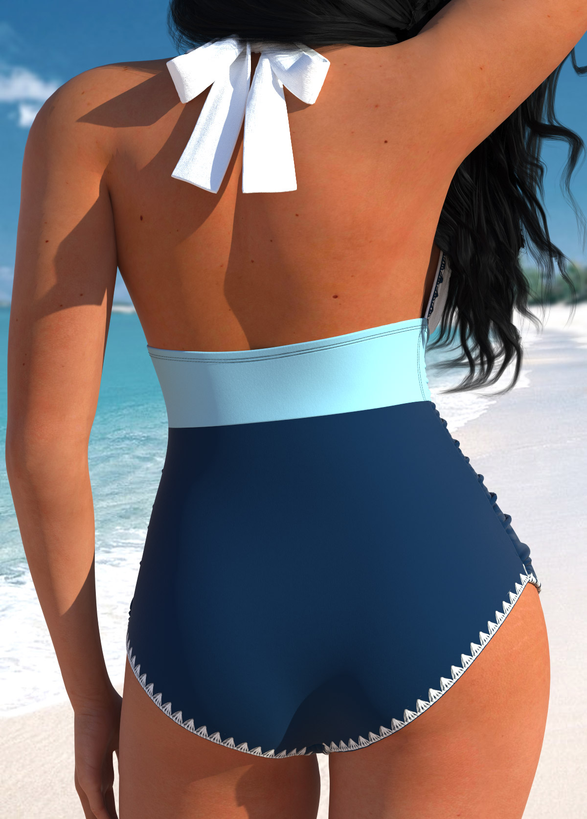 Tie Patchwork Navy One Piece Swimwear