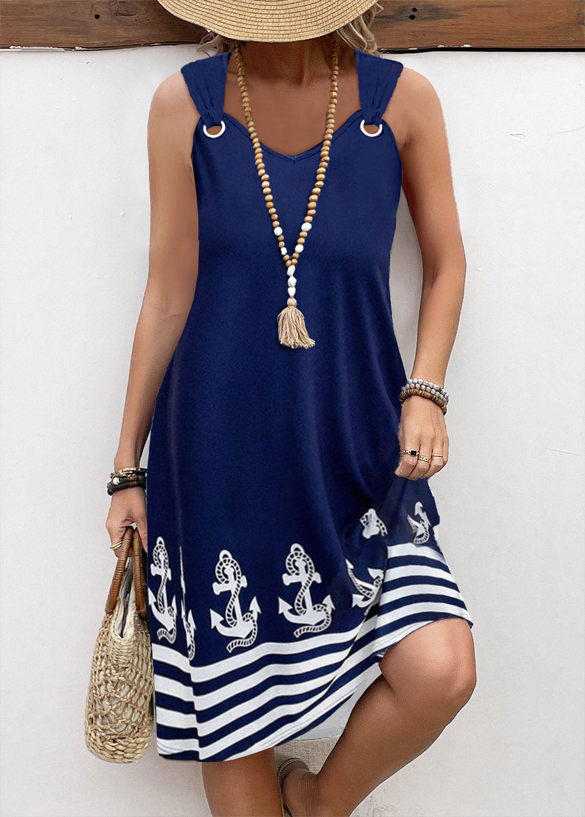 Plus Size Geometric Print Tummy Coverage Navy Sleeveless Dress