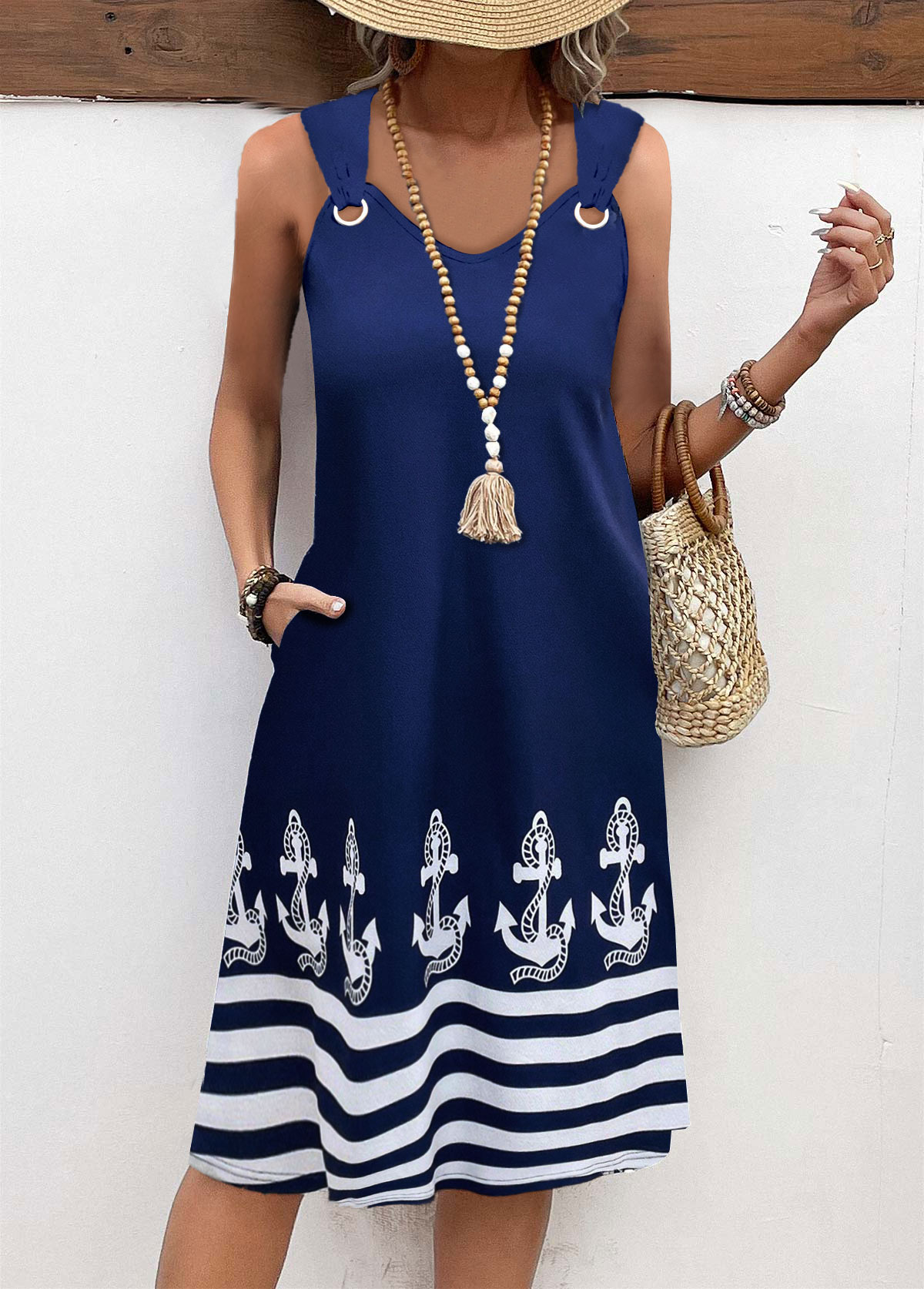 Plus Size Geometric Print Tummy Coverage Navy Sleeveless Dress