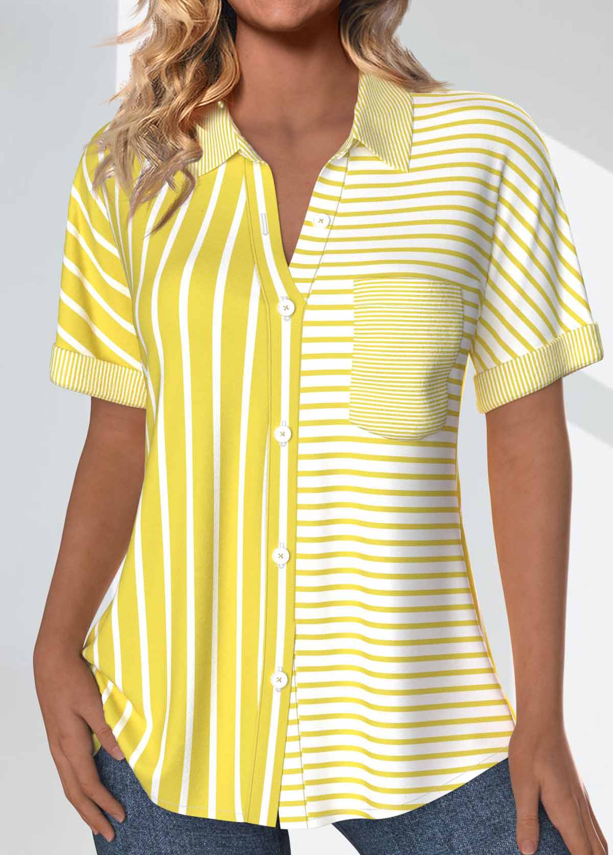 Striped Pocket Light Yellow Short Sleeve Shirt