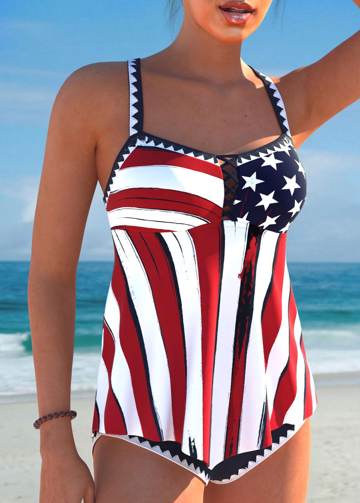 Circular Ring American Flag Criss Cross Navy Tankini Set