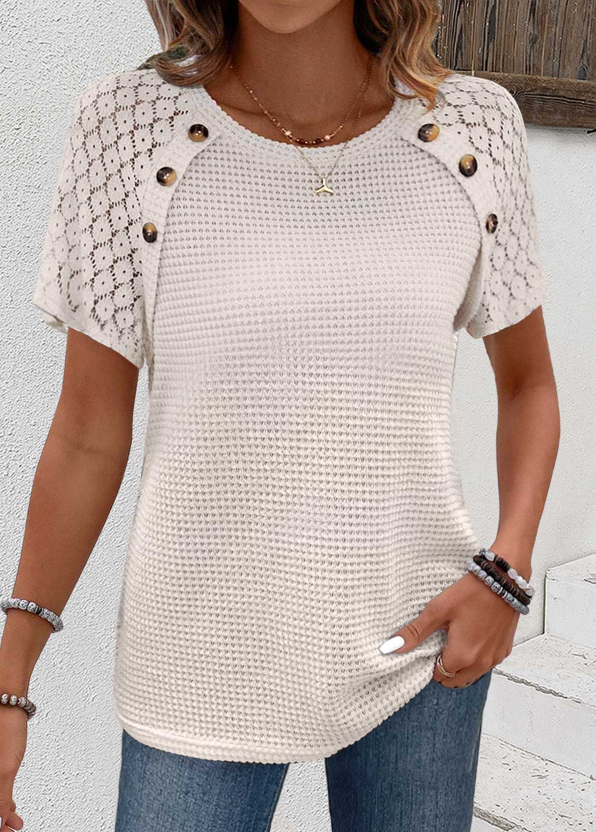 Patchwork Beige Short Sleeve Round Neck T Shirt