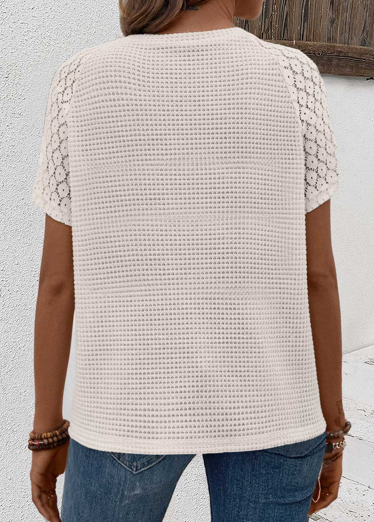 Patchwork Beige Short Sleeve Round Neck T Shirt