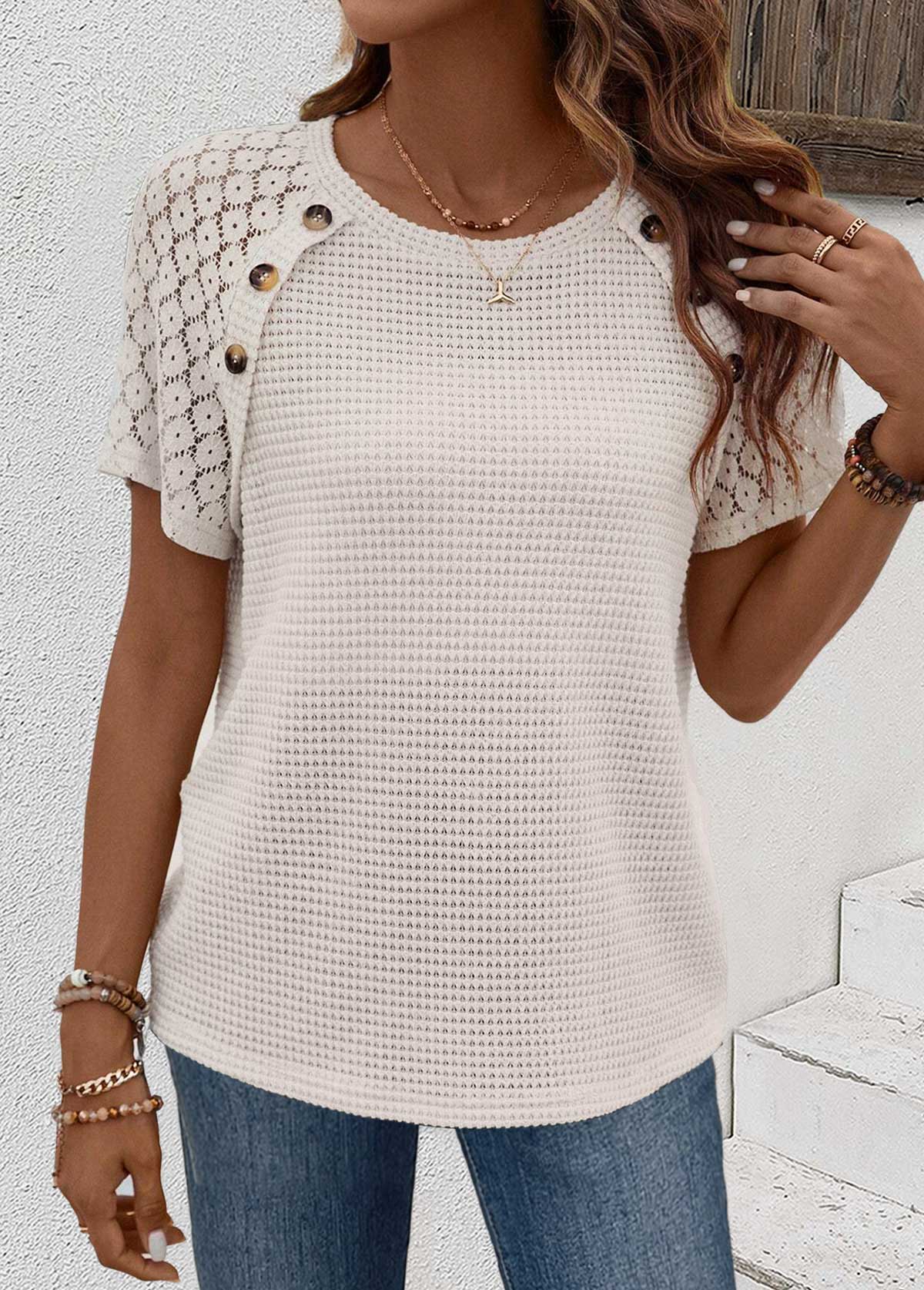 Patchwork Beige Short Sleeve Round Neck T Shirt