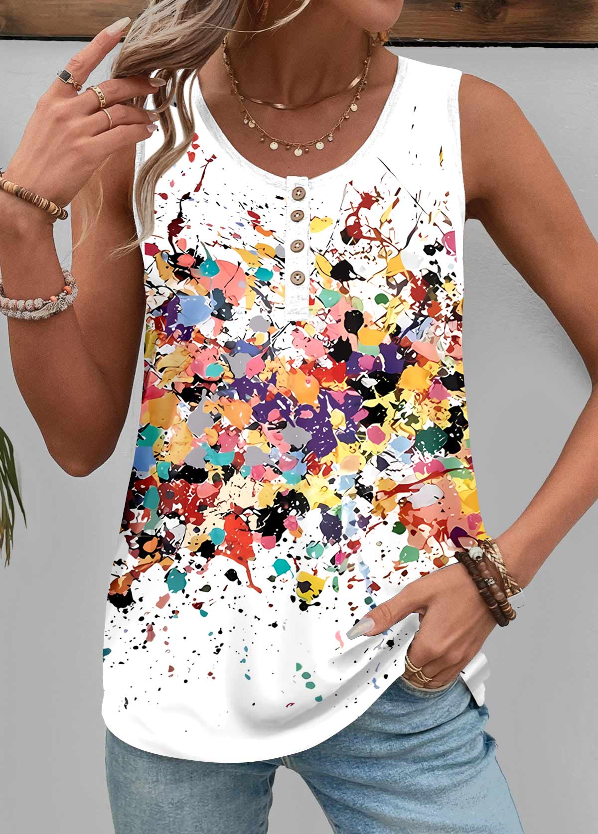 Dazzle Colorful Print Button White Sleeveless Tank Top