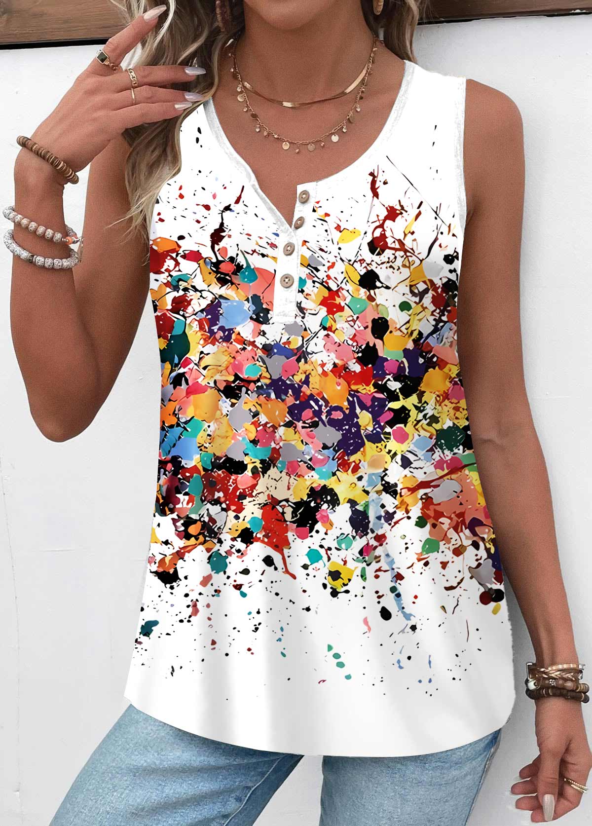Dazzle Colorful Print Button White Sleeveless Tank Top