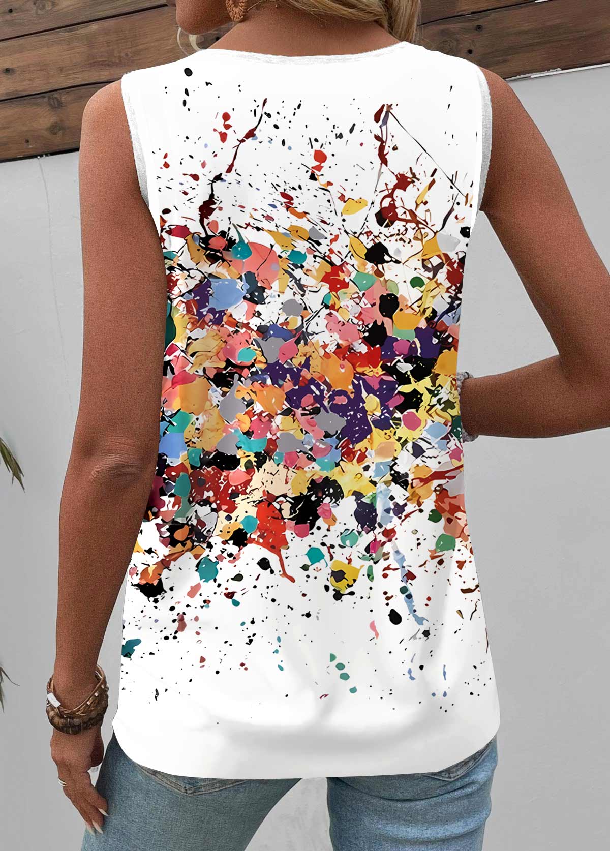 Dazzle Colorful Print Button White Sleeveless Tank Top