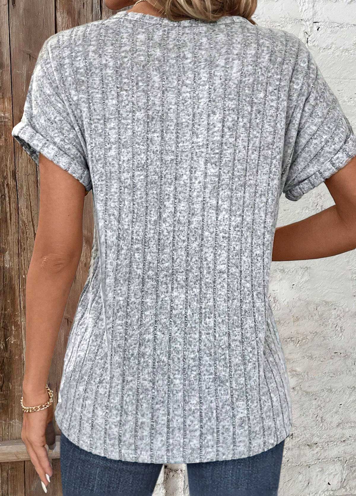 Zipper Light Grey Marl Short Sleeve V Neck Blouse