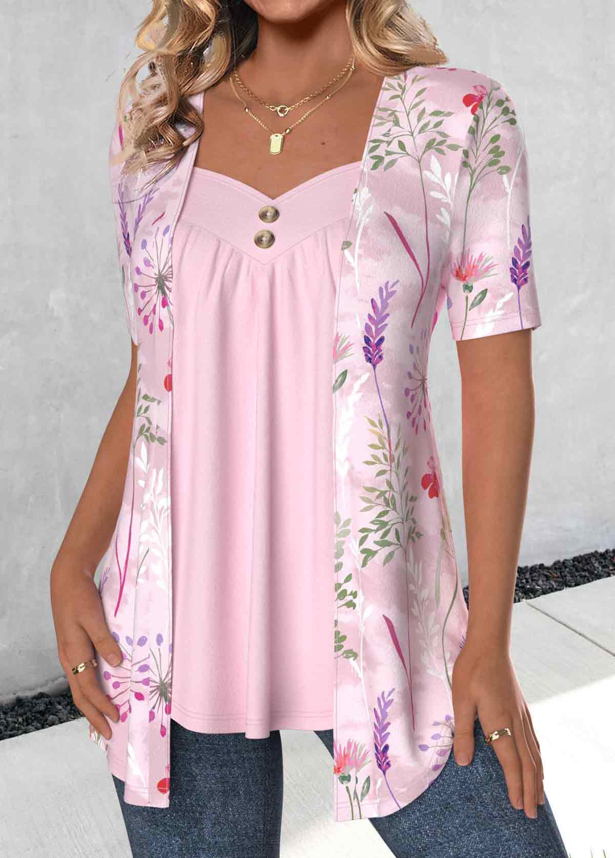 Plus Size Pink Fake 2in1 Floral Print Blouse
