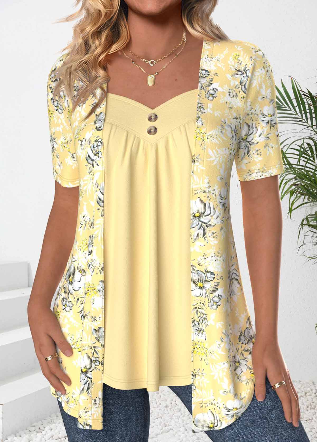 Floral Print Button Light Yellow Fake Two Piece Twinset