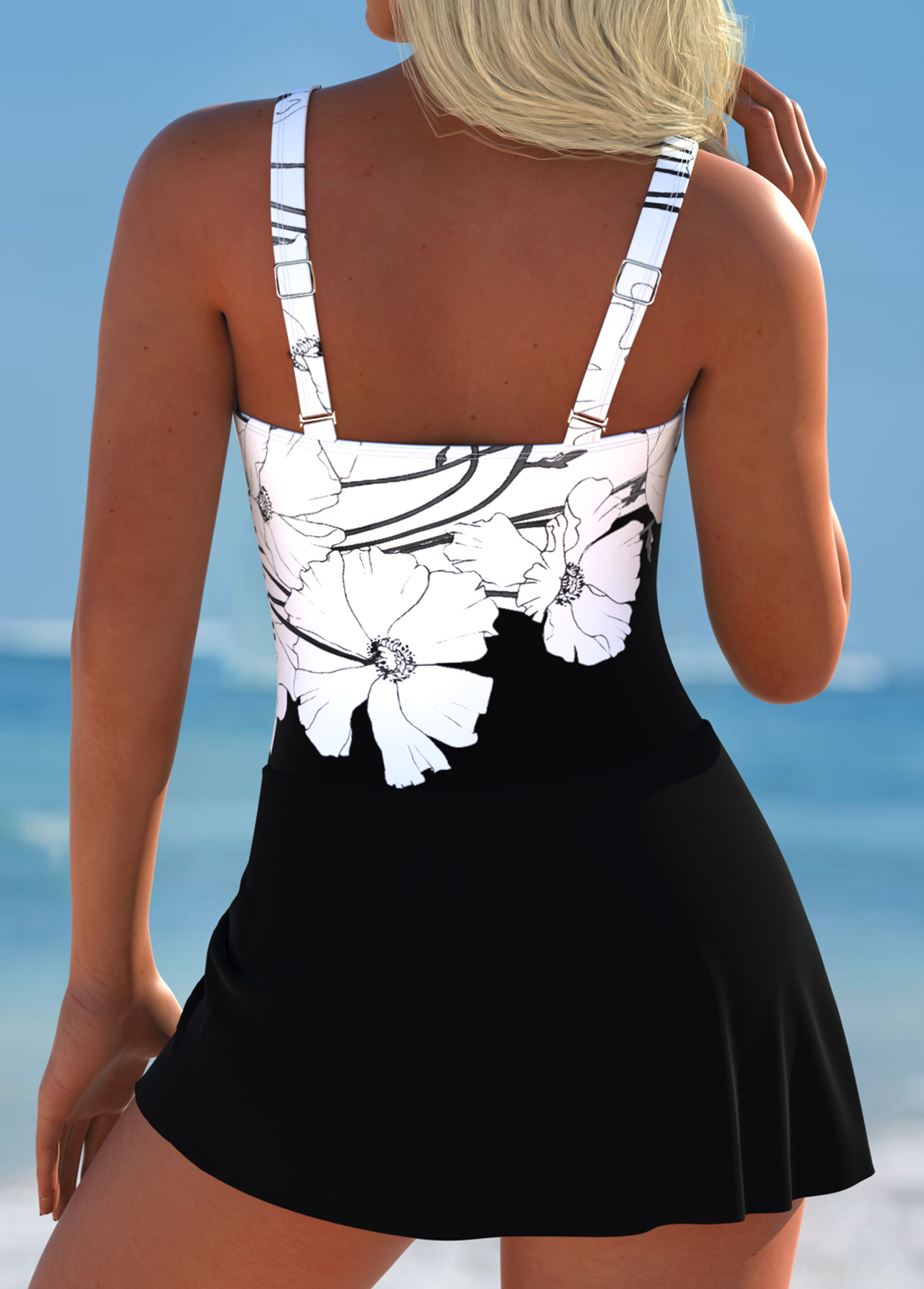 Floral Print Tie Black One Piece Swimdress