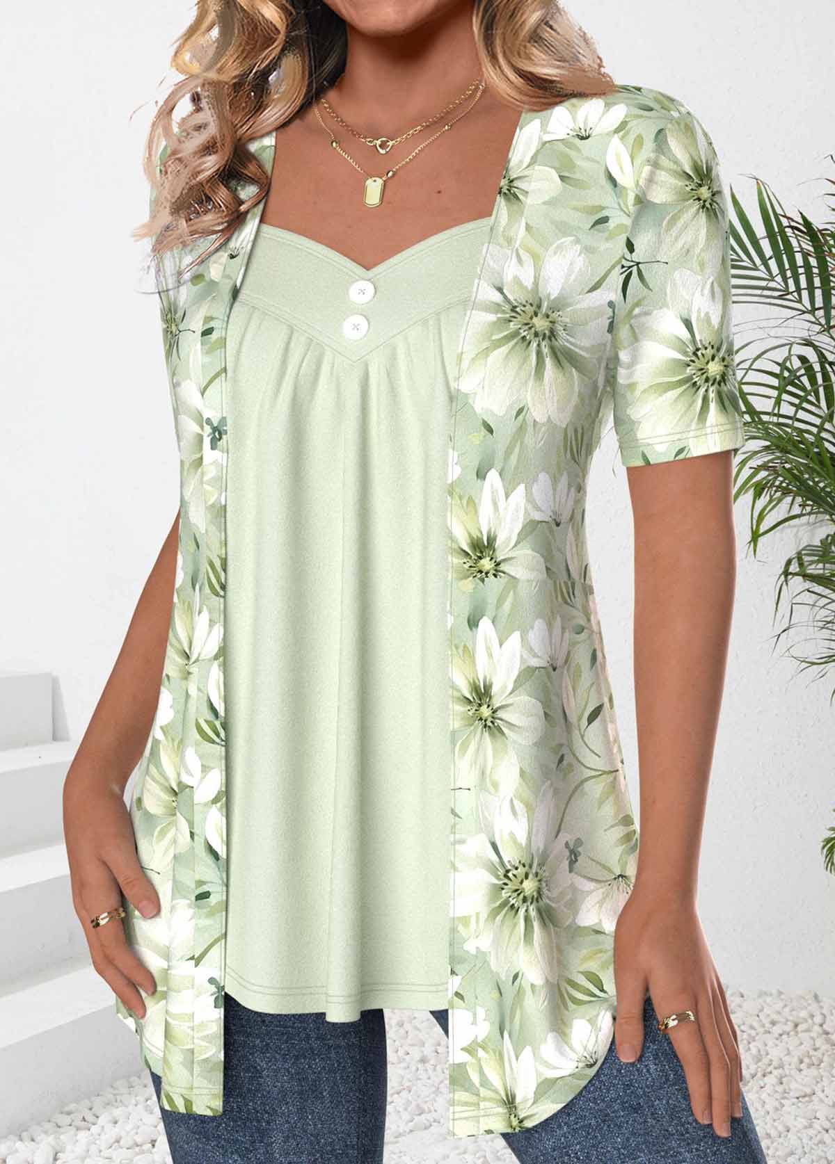 Floral Print Button Light Green Fake Two Piece Twinset
