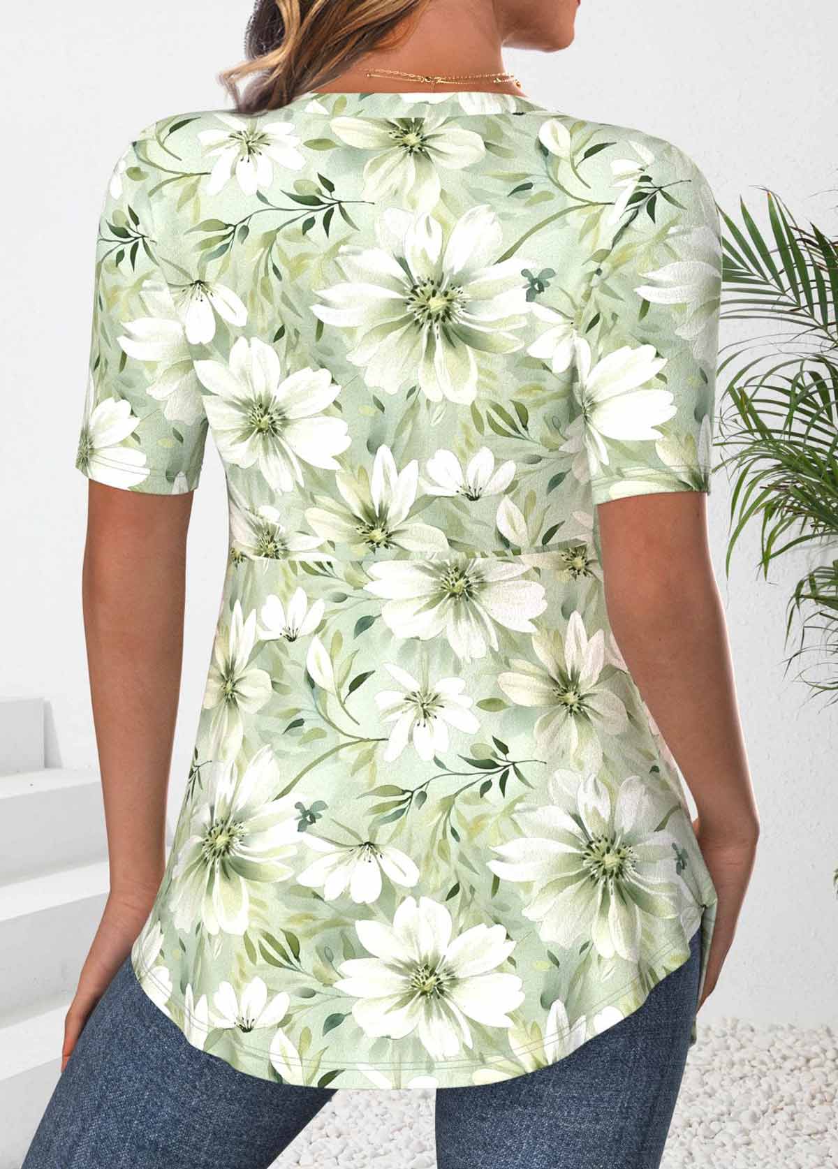 Floral Print Button Light Green Fake Two Piece Twinset