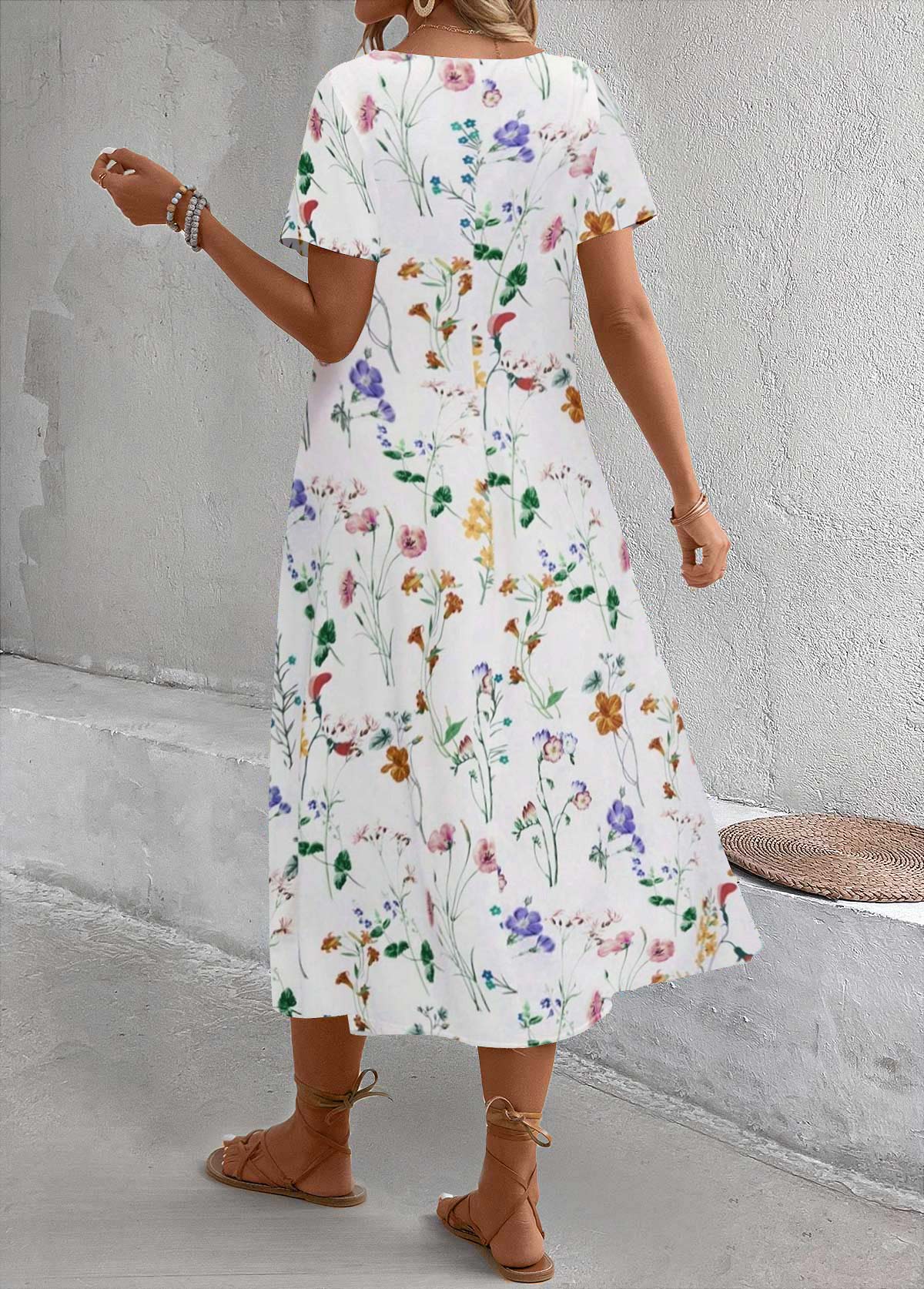 Floral Print Breathable White A Line Short Sleeve Dress