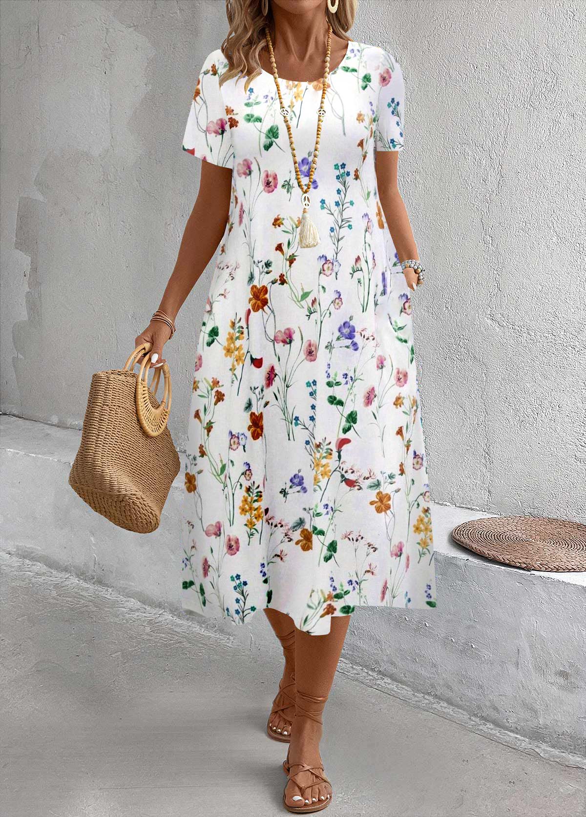 Floral Print Breathable White A Line Short Sleeve Dress