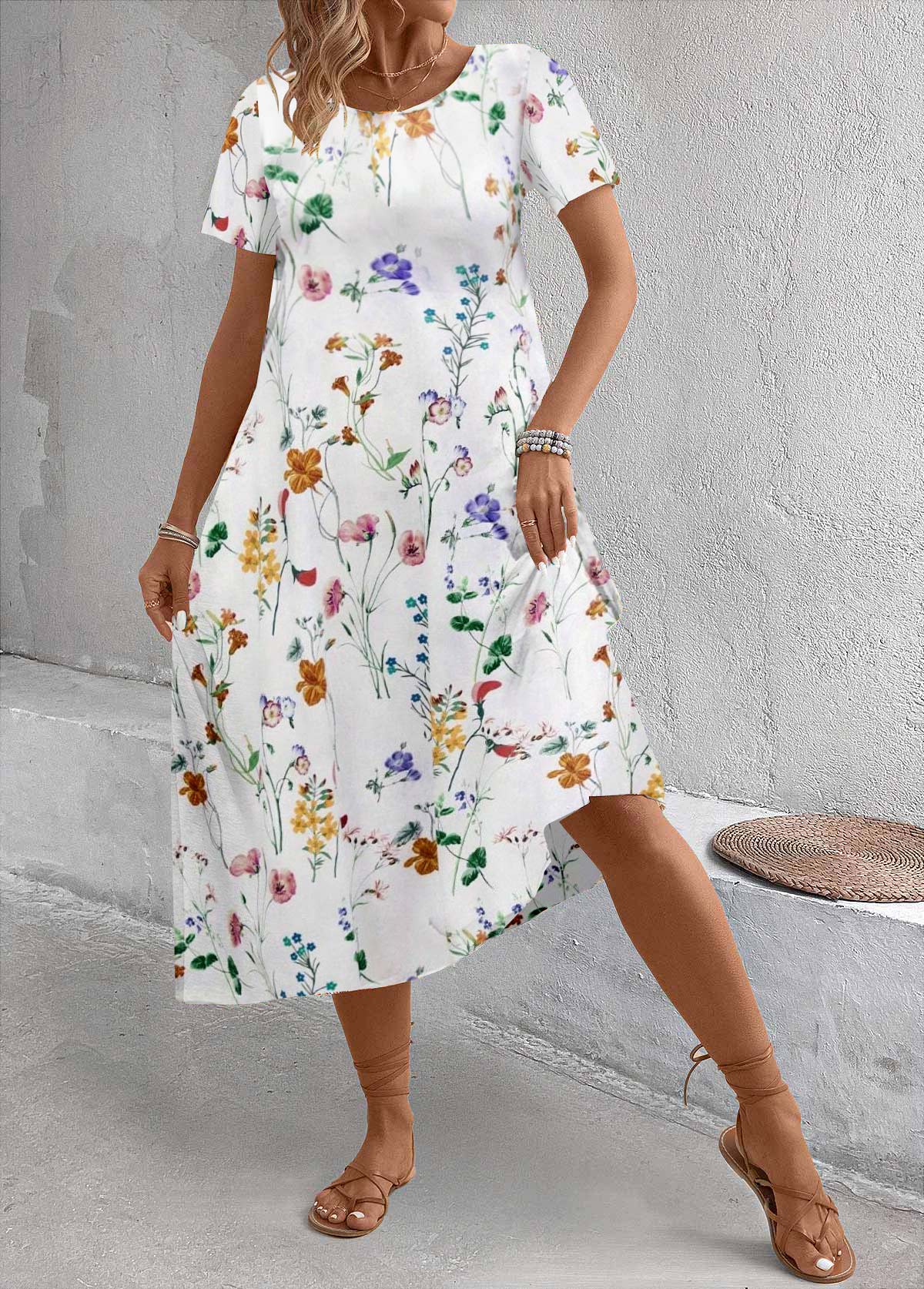 Floral Print Breathable White A Line Short Sleeve Dress
