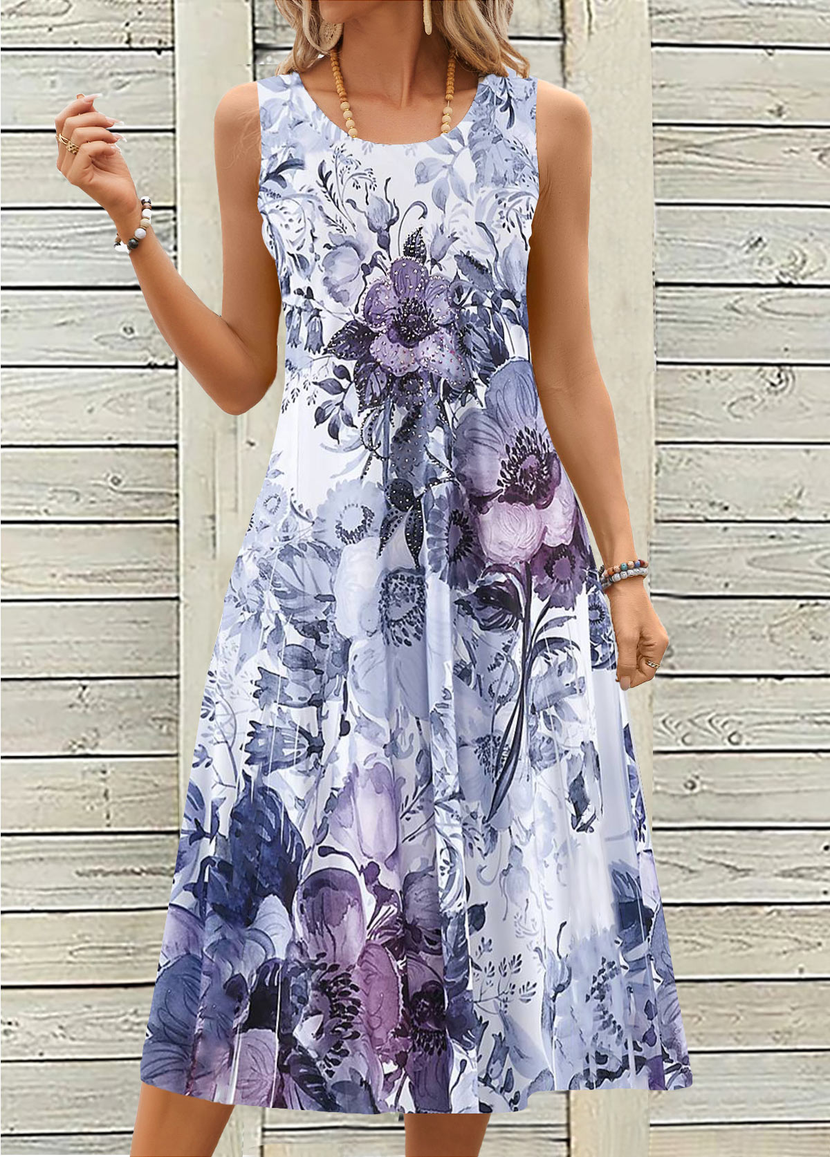 Floral Print Breathable Dusty Purple A Line Sleeveless Dress