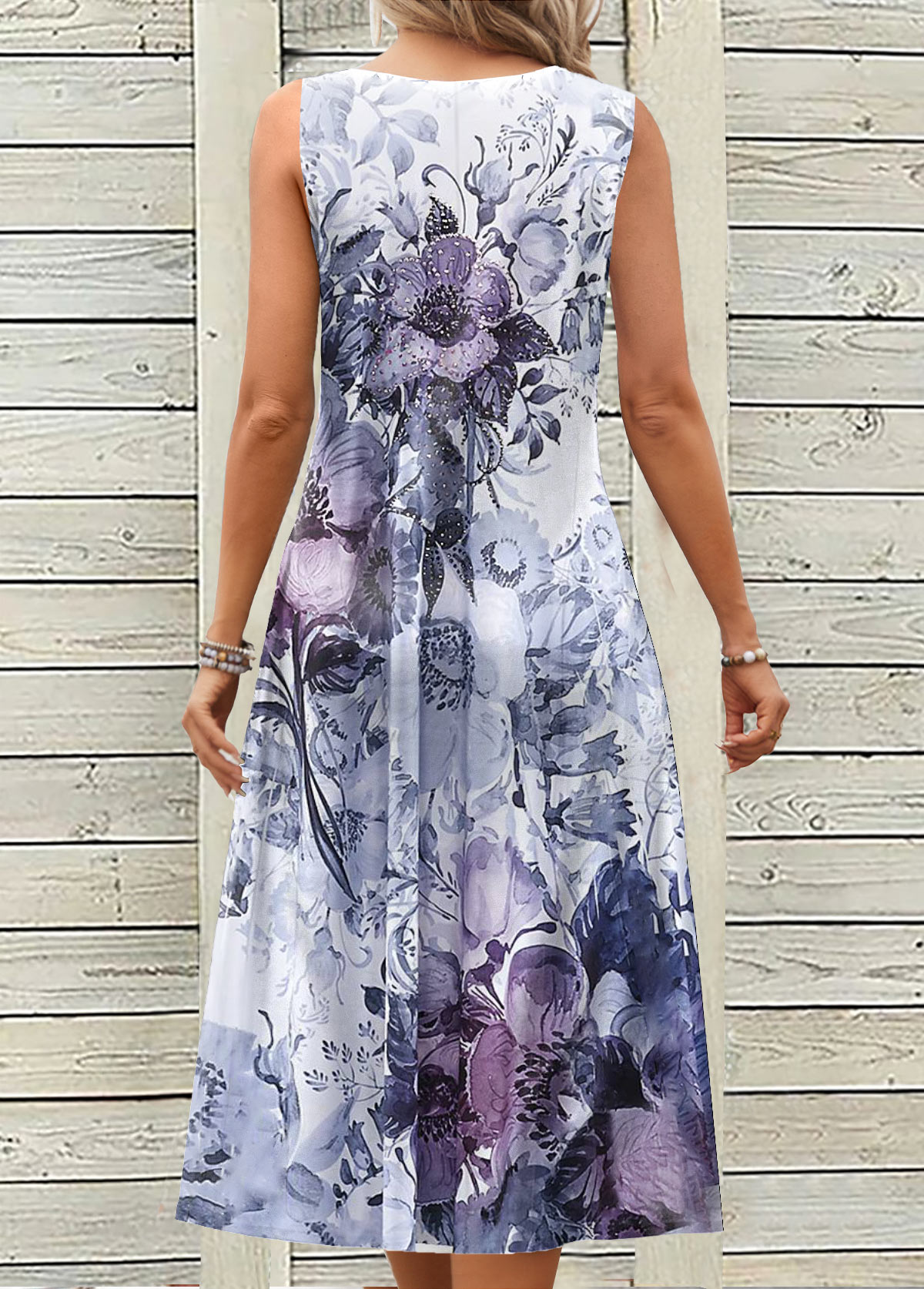 Floral Print Breathable Dusty Purple A Line Sleeveless Dress