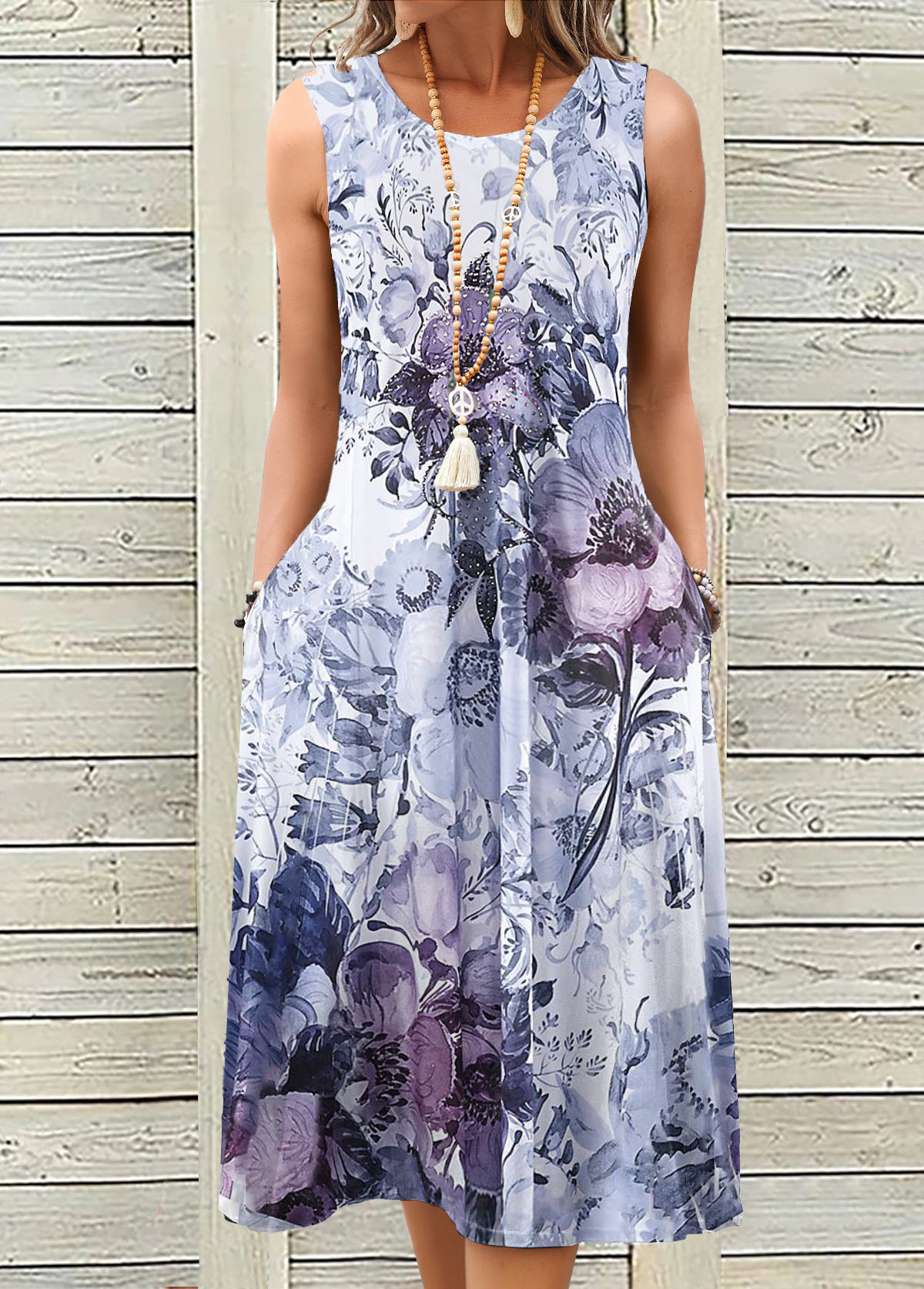 Floral Print Breathable Dusty Purple A Line Sleeveless Dress