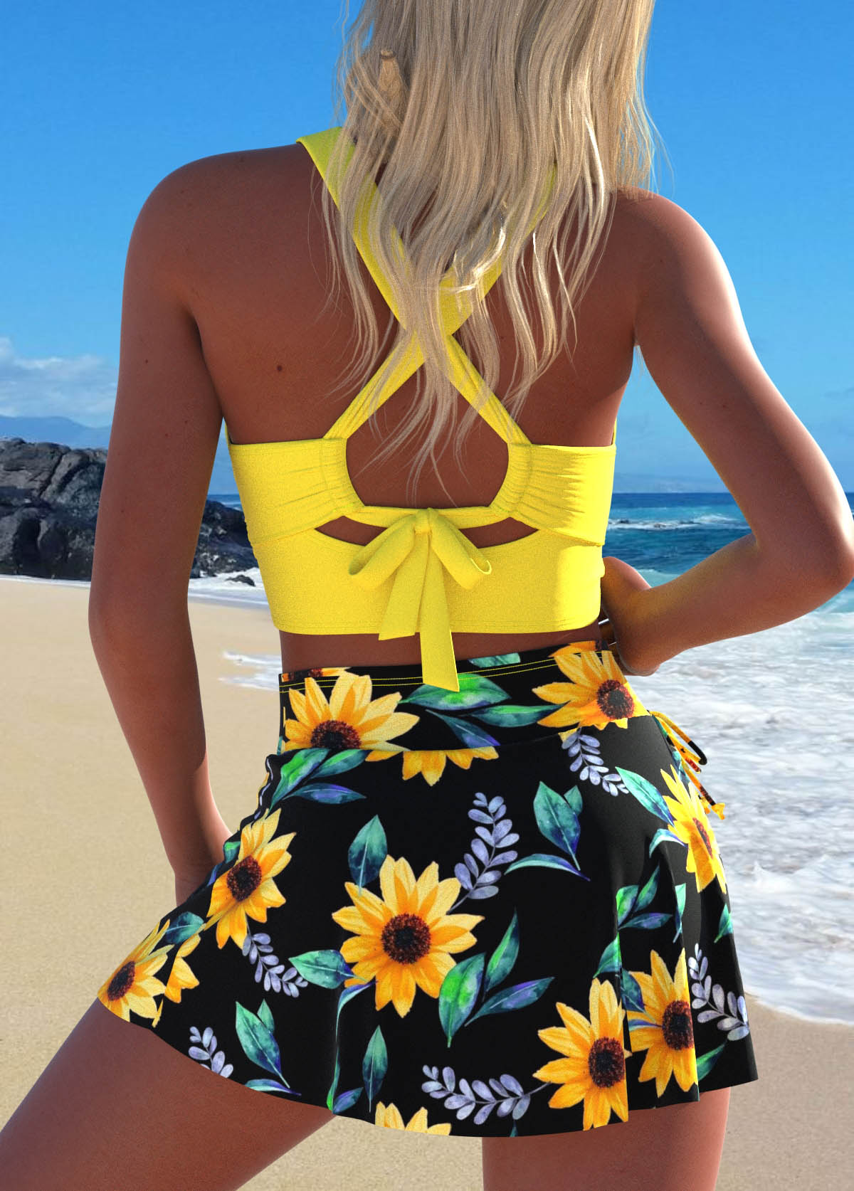 Sunflower Print Criss Cross Yellow Bikini Set