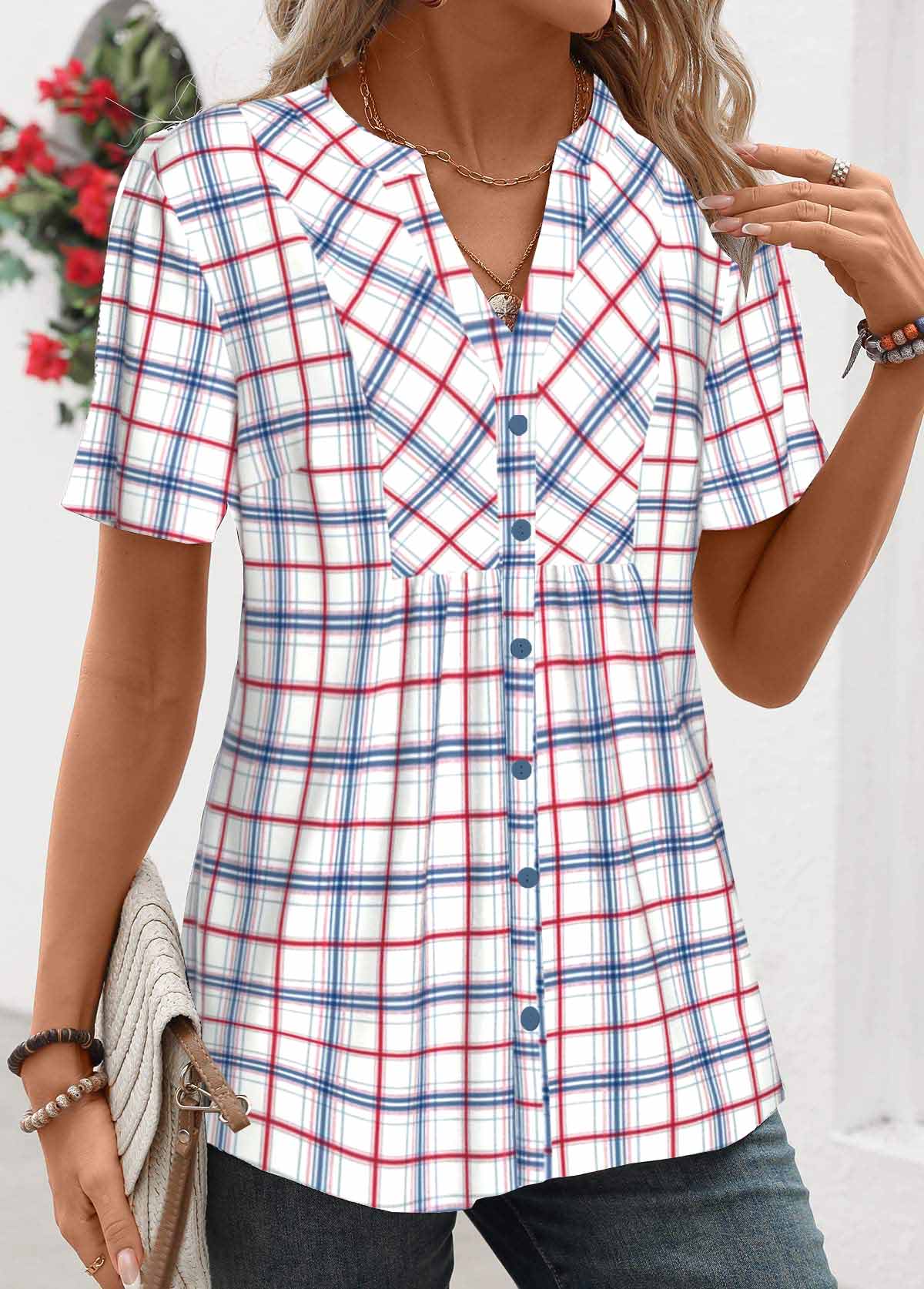 Plaid Patchwork Blue Short Sleeve Split Neck Shirt