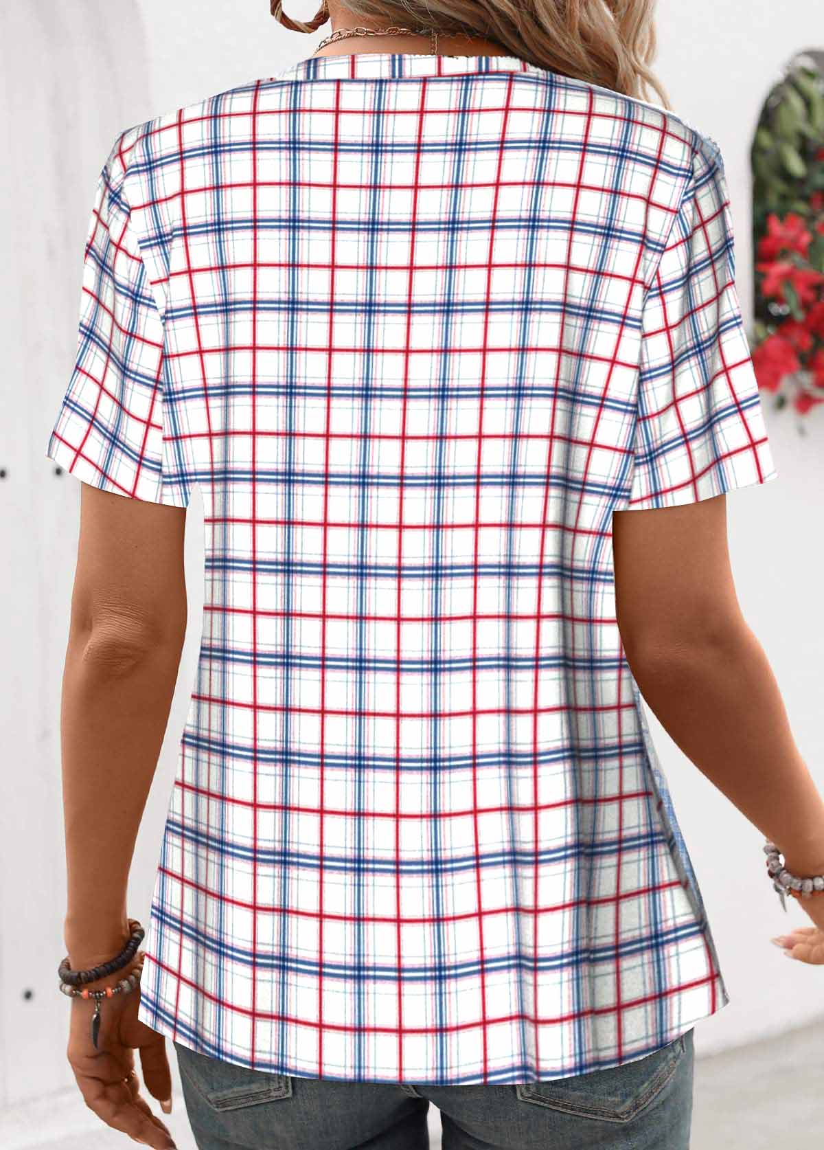 Plaid Patchwork Blue Short Sleeve Split Neck Shirt