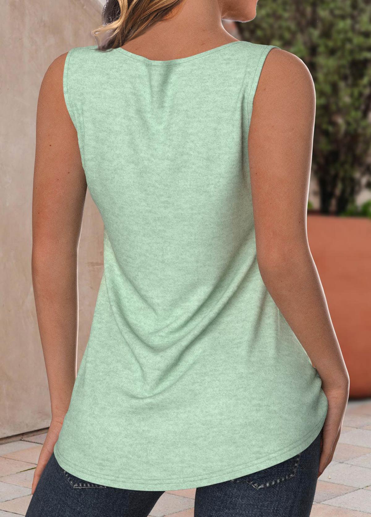 Button Mint Green Sleeveless Split Neck Tank Top