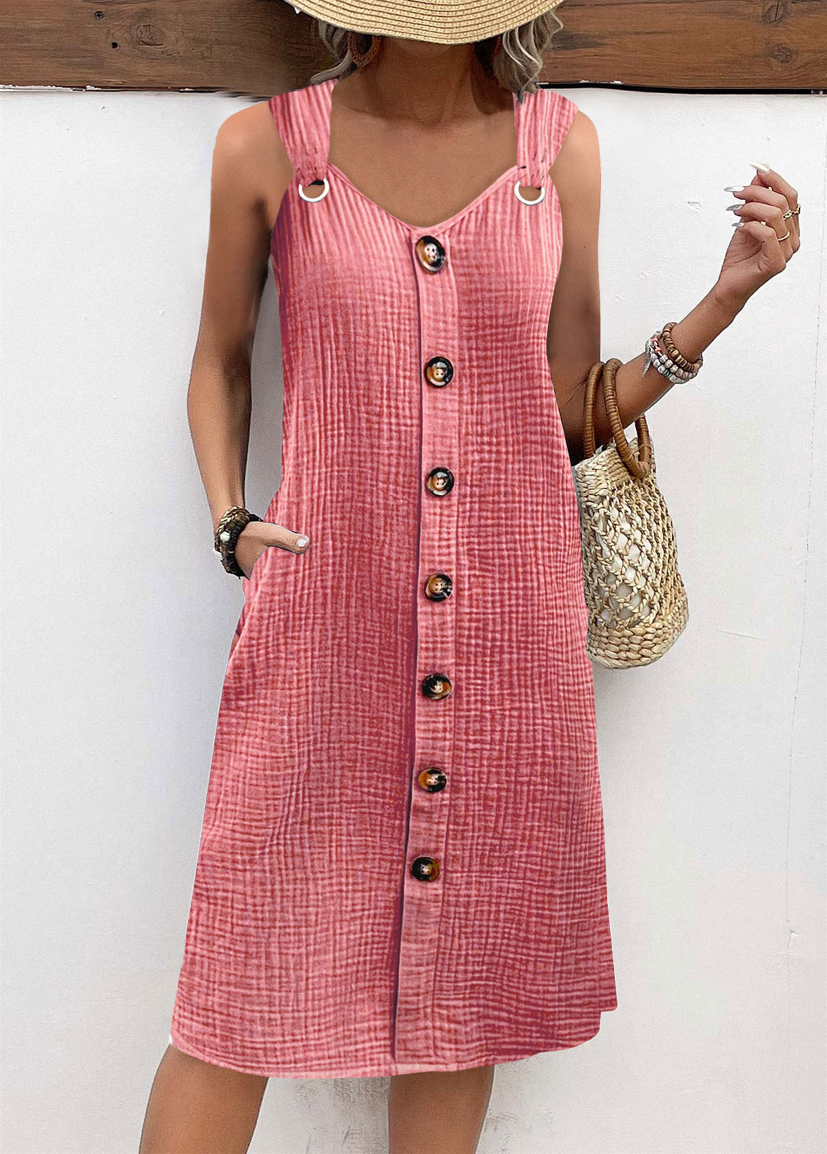 Breathable Light Pink A Line Sleeveless V Neck Dress