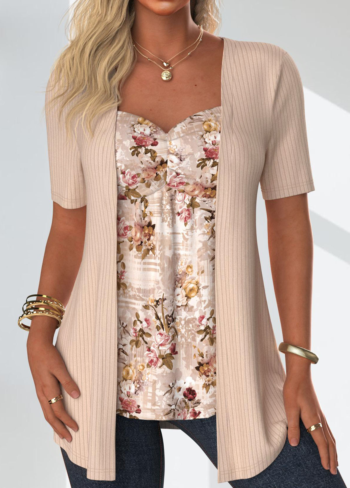 Floral Print Skin Color Fake Two Piece Twinset