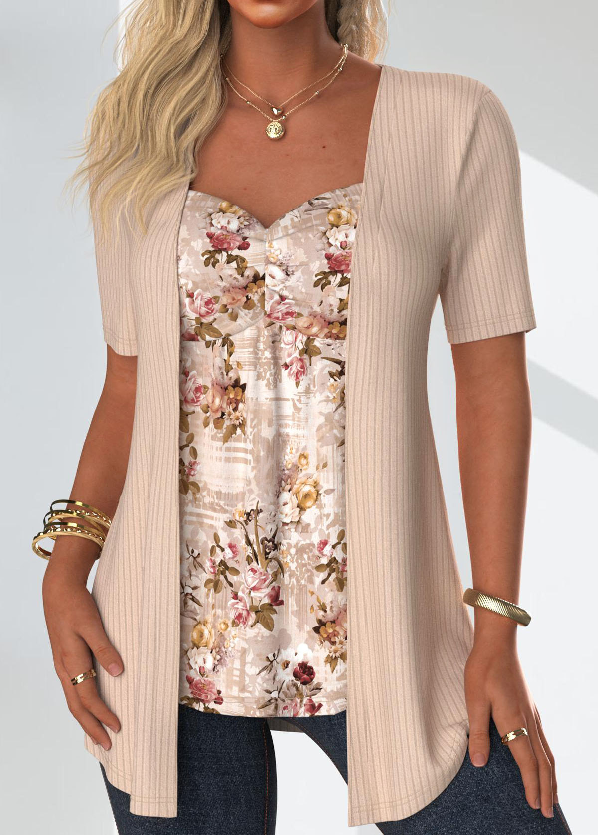 Floral Print Skin Color Fake Two Piece Twinset