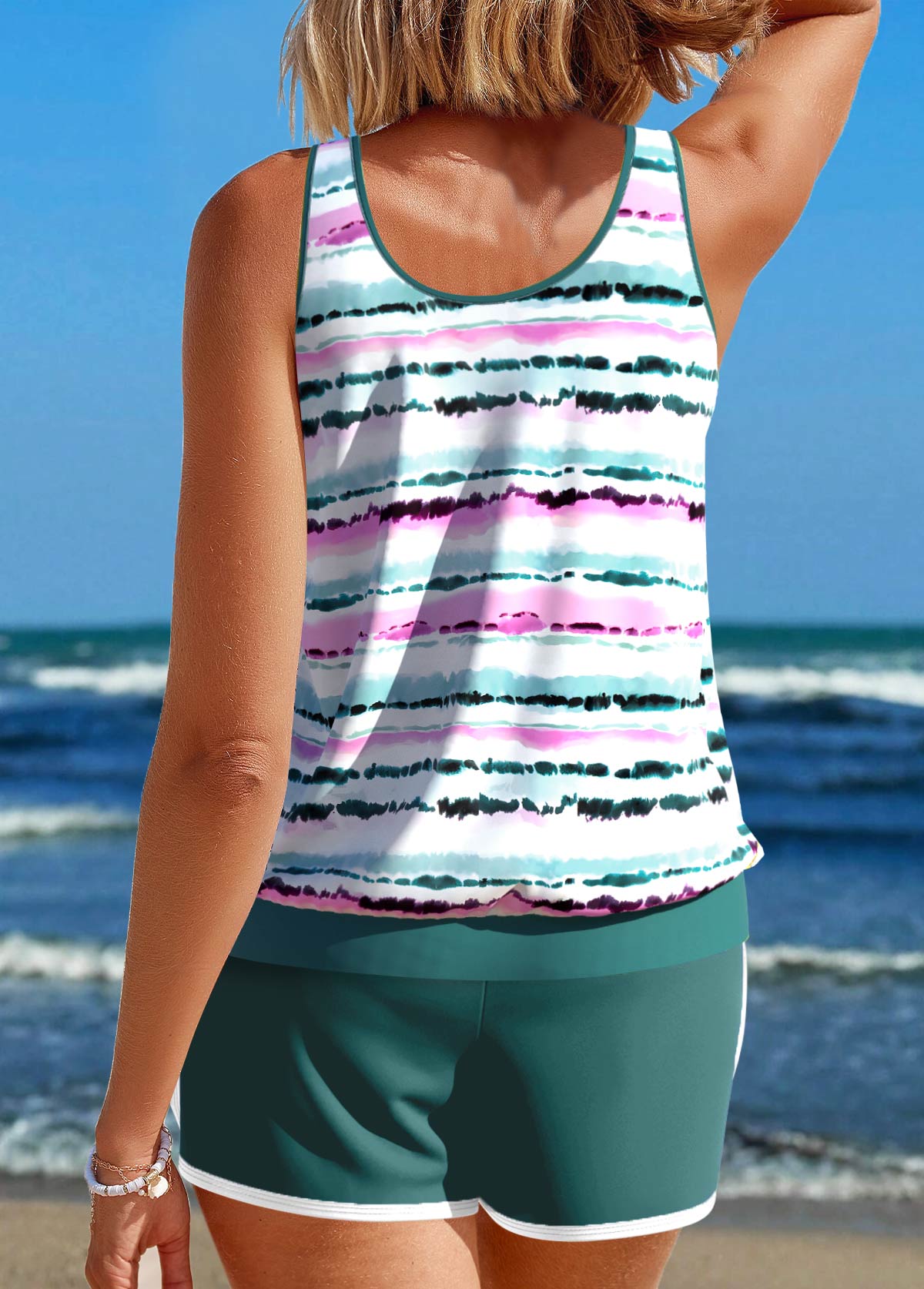 Tie Dye Print Contrast Binding Multi Color Tankini Set