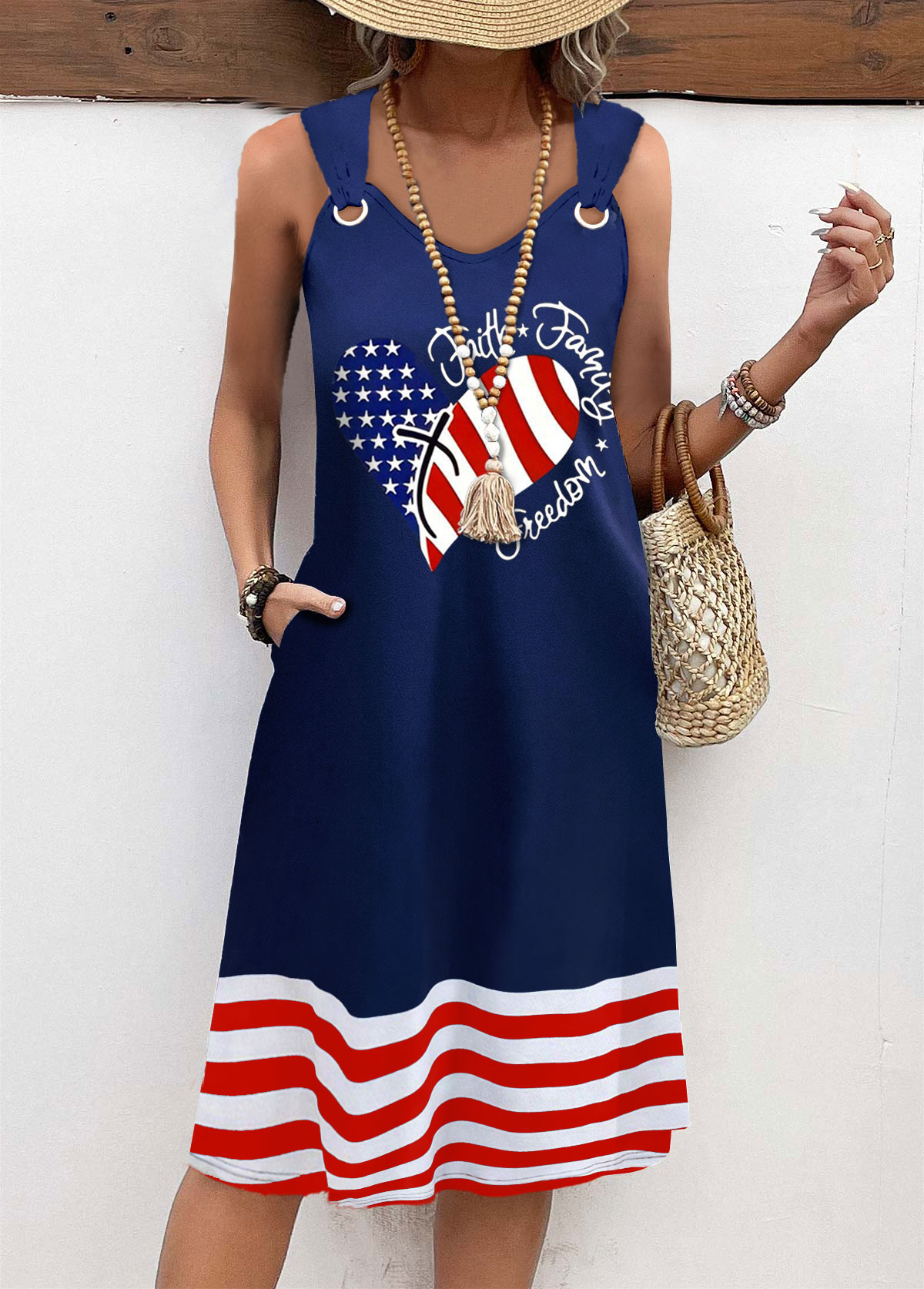 American Flag Plus Size Tummy Coverage Navy Sleeveless Dress