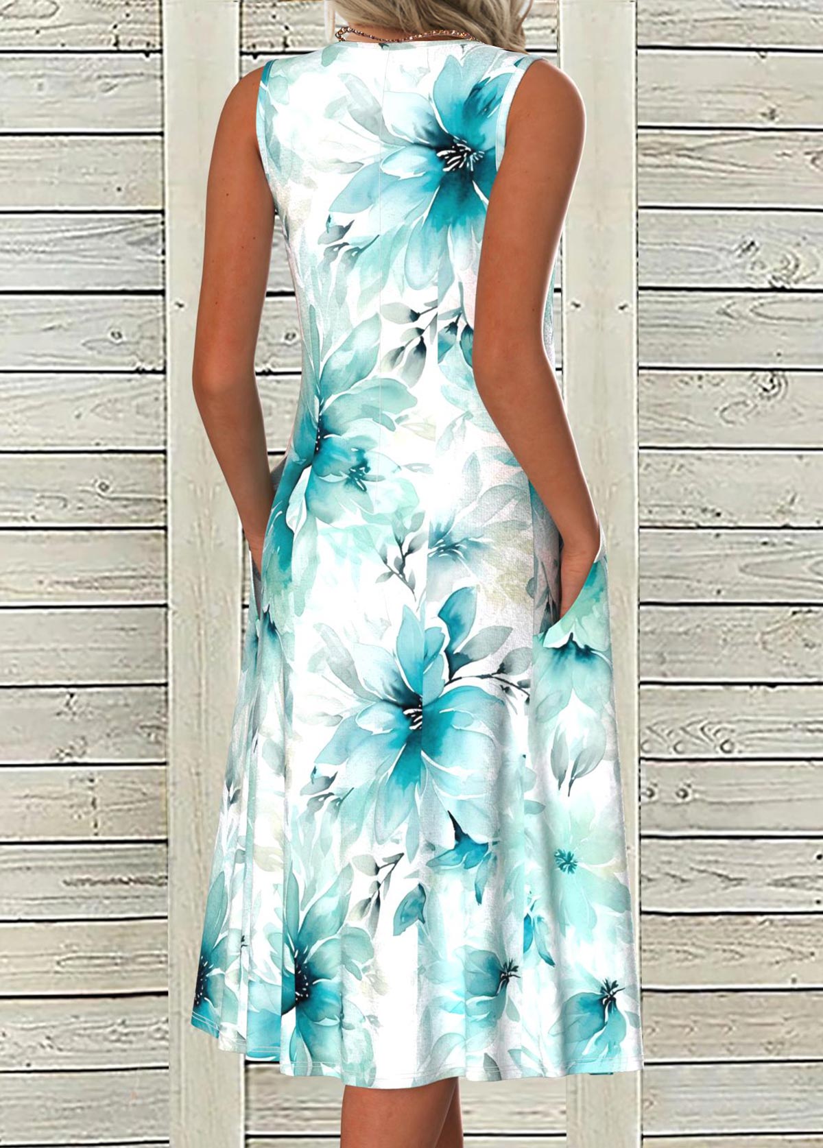 Floral Print Tummy Coverage Blue Sleeveless Round Neck Dress