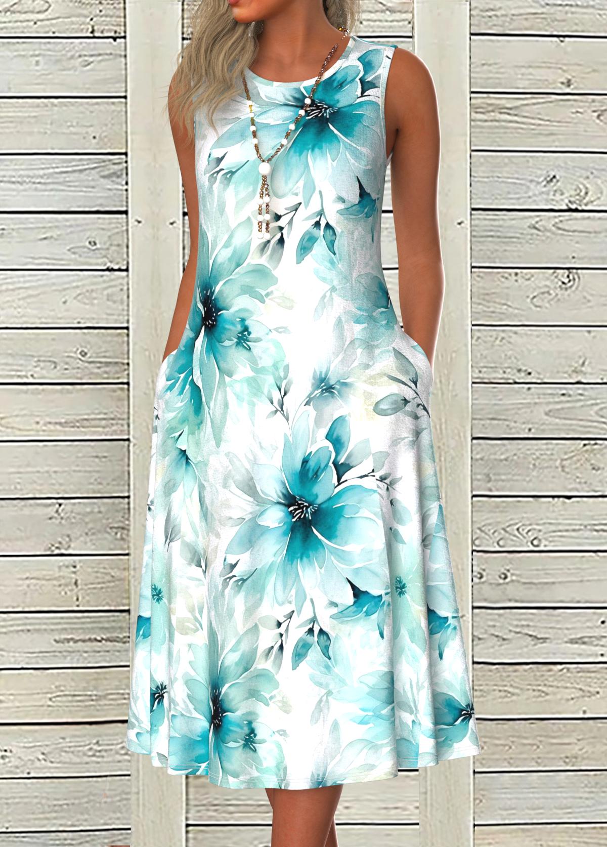 Floral Print Tummy Coverage Blue Sleeveless Round Neck Dress