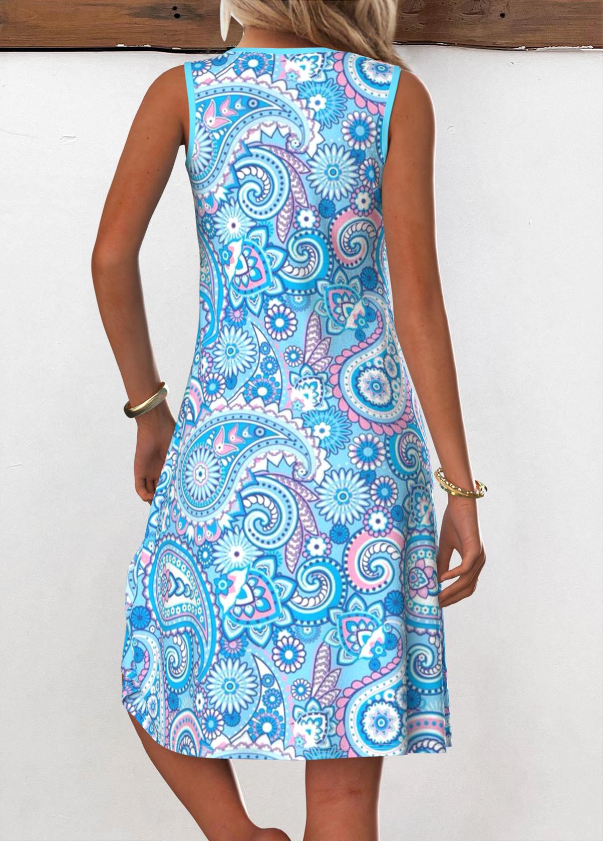 Paisley Print Tummy Coverage Light Blue Sleeveless Dress