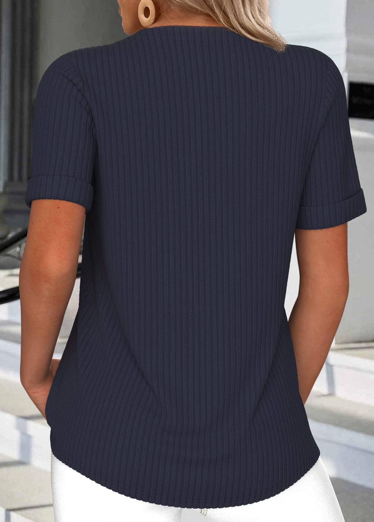 Lace Up Short Sleeve Navy T Shirt