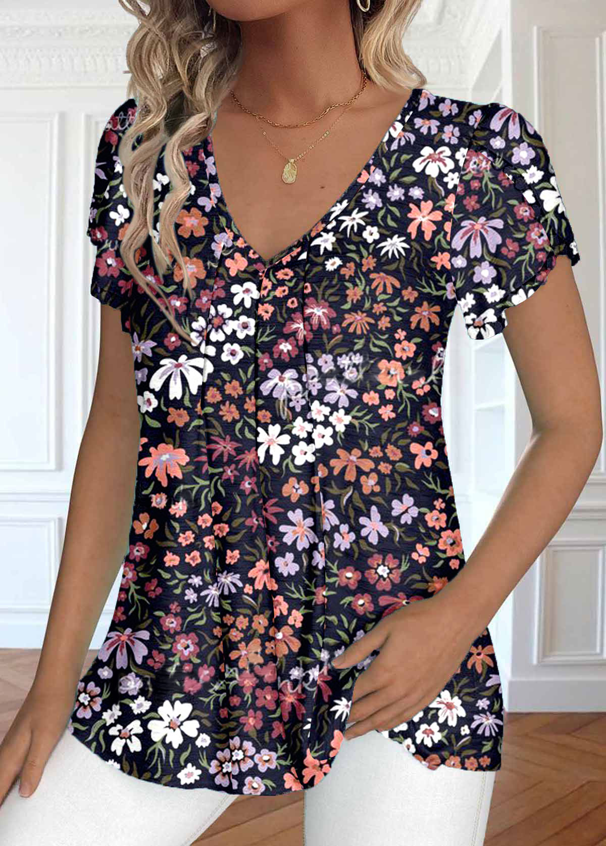Floral Print Ruched Navy Short Sleeve T Shirt