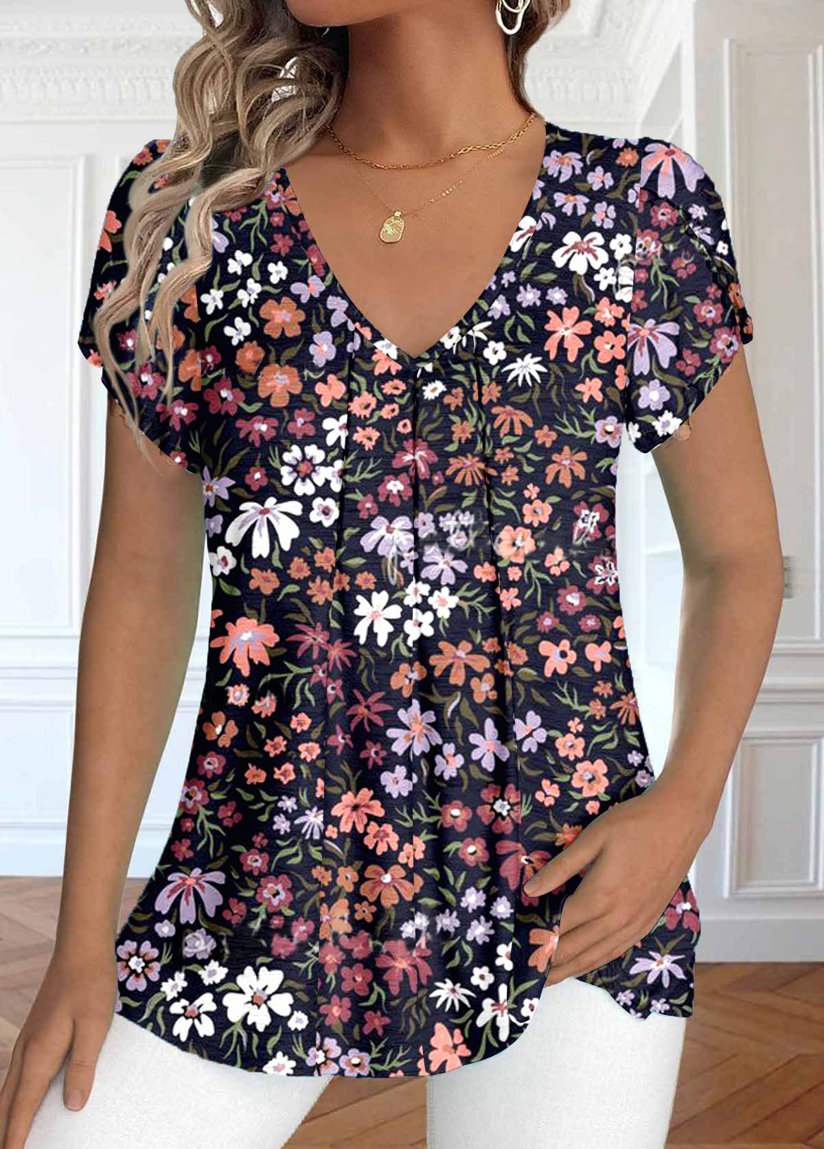 Floral Print Ruched Navy Short Sleeve T Shirt