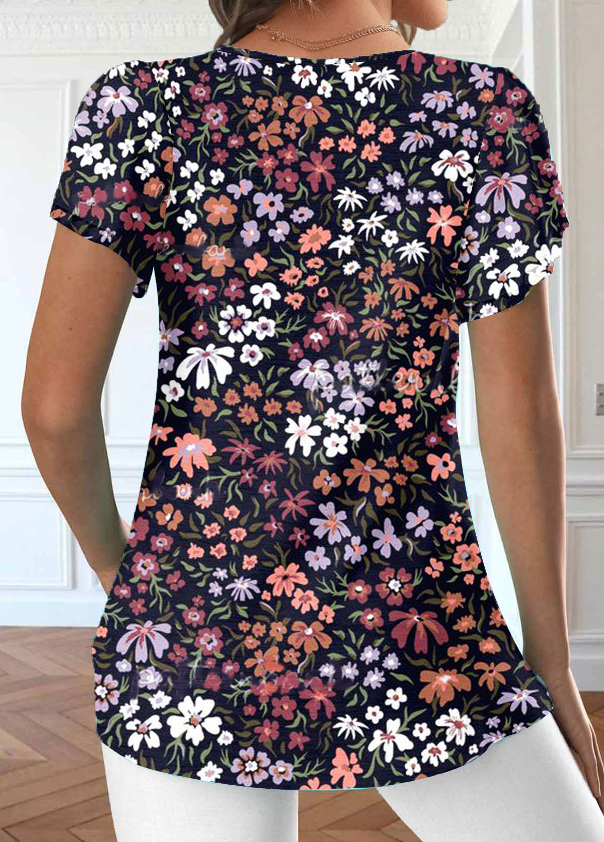 Floral Print Ruched Navy Short Sleeve T Shirt